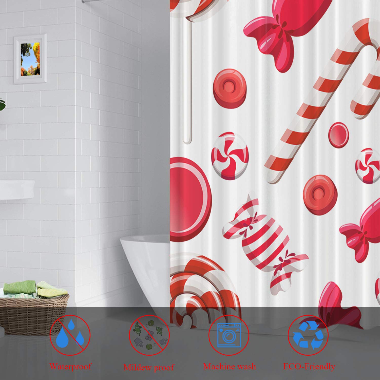 Batmerry Red White Brown Christmas Decorative Shower Curtain, Red White Green Sweet Peppermint Candy Striped Cute Long Wide With