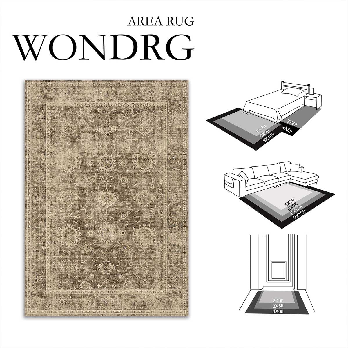 WondRg 3x8 Washable Runner Rug for Kitchen Hallway Brown Vintage Non-Slip Low Pile Distressed Rustic Carpet Lightweight Vacuumab
