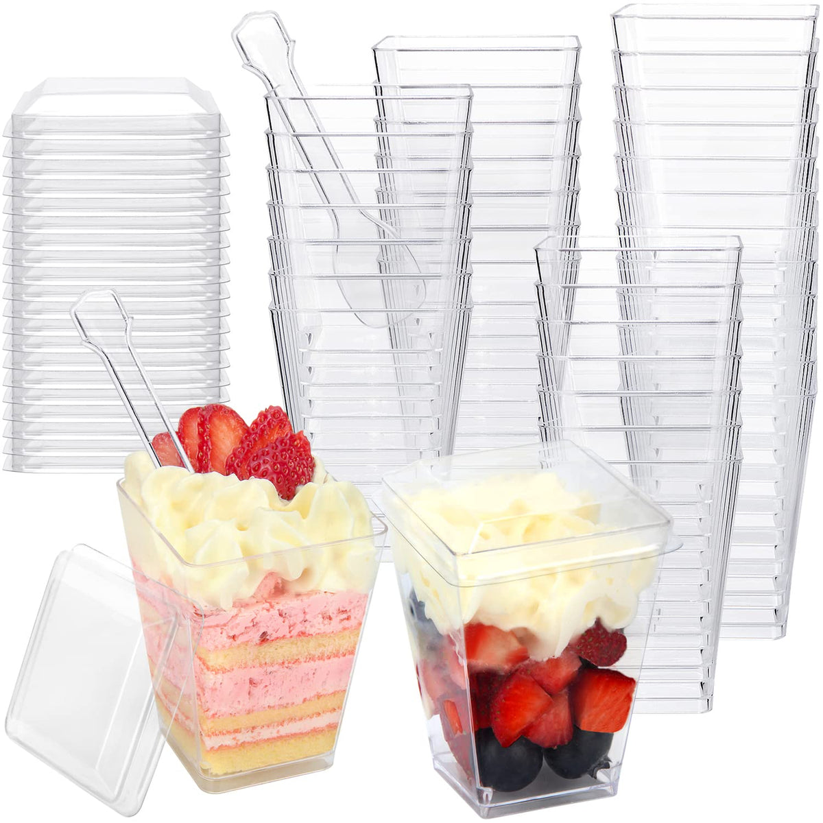 Hawhawtoys 120 Pack 4.5 Oz Dessert Cups With Lids And Spoons, Square Plastic Dessert Shooter Cups Parfait Cups For Party Dessert