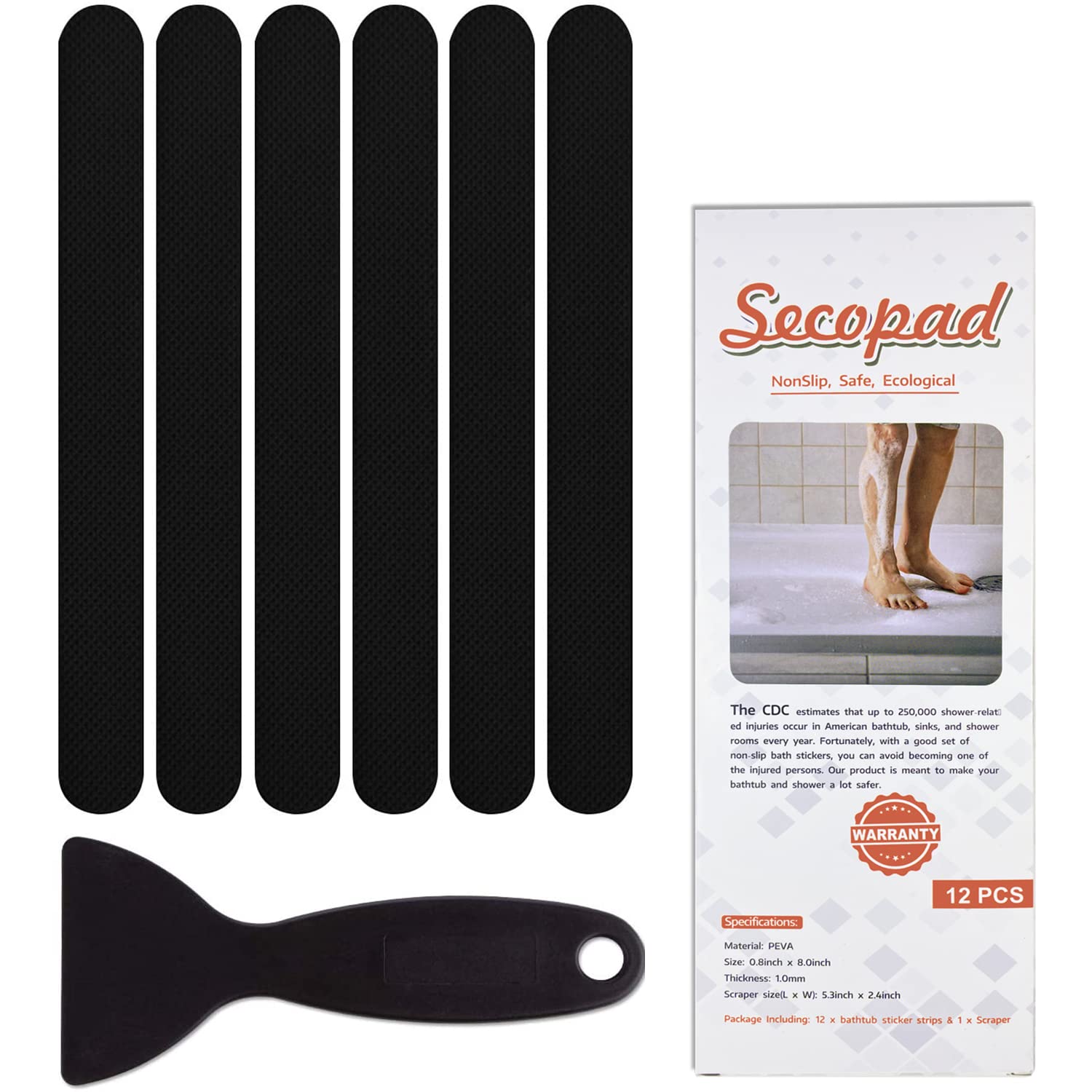 Secopad Non-Slip Bathtub Stickers 24 Pcs Safety Bathroom Tubs Showers Treads Adhesive Decals Scraper (Black)