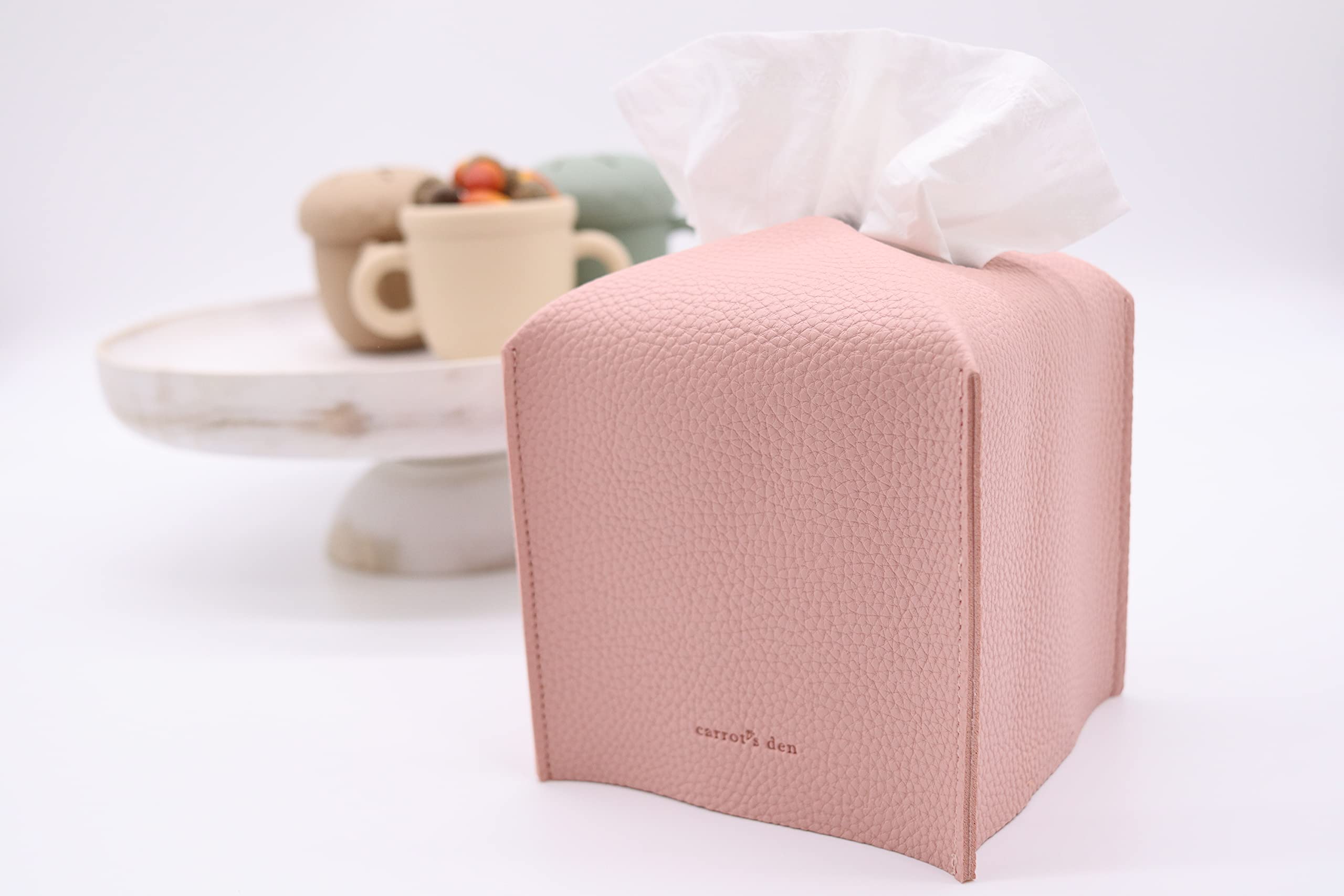Tissue Box Cover Holder, Square With Bottom Belt By Carrot'S Den - Pu Leather Decorative Organizer For Tabletop, Bathroom, Car,