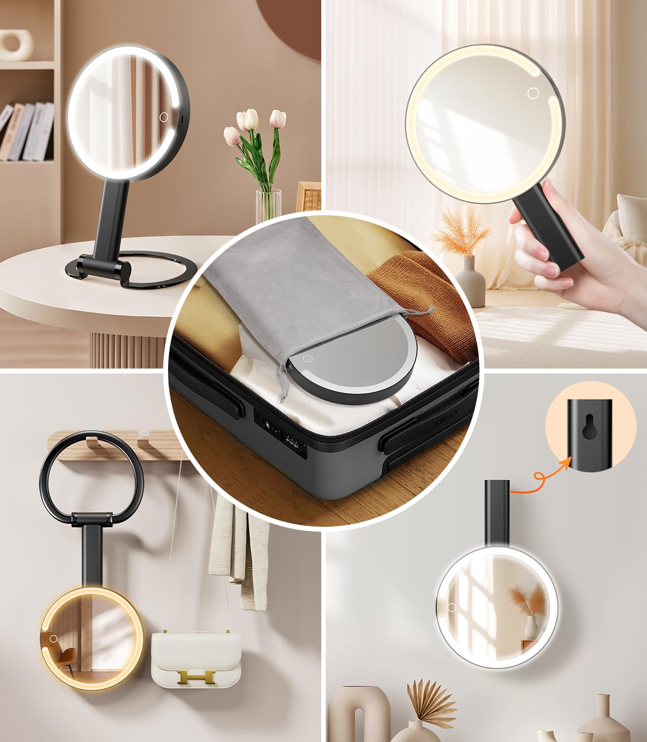 Gospire Magnifying Travel Mirror With Light 10X 1X Magnifition 2-Sided Lighted Makeup Mirror Rechargeable 3 In 1 Hand Held Desk