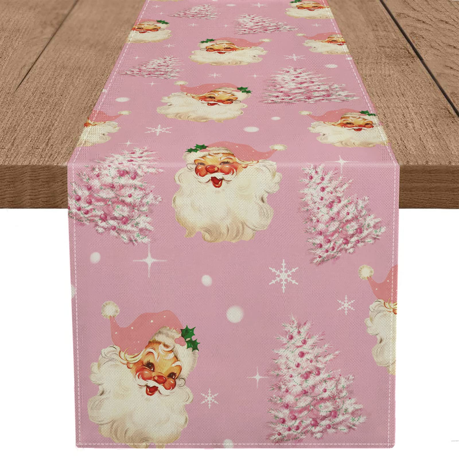Christmas Table Runner Santa Claus Merry Christmas Tree Snowflake Pink Long Runners For Winter Xmas Home Kitchen Dining Party De