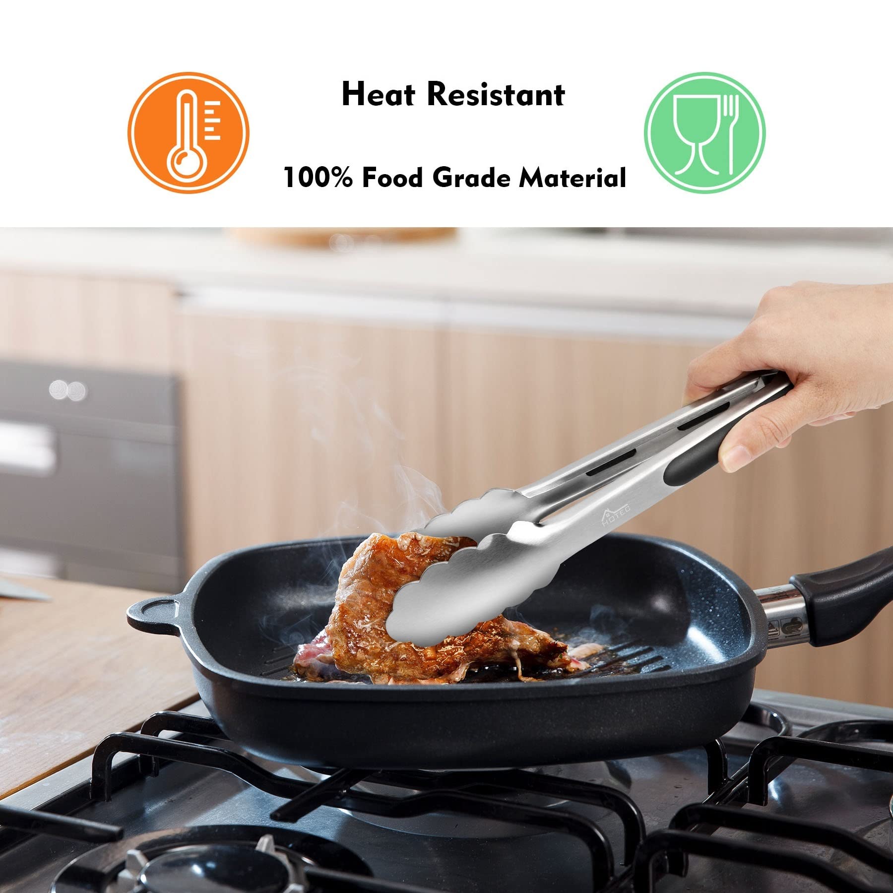 Hotec Stainless Steel Kitchen Tongs Set Of 3-7'', 9'' And 12'', Locking Metal Food Tongs Non-Slip Grip
