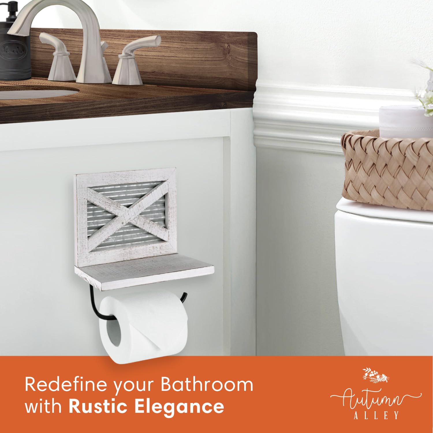 Autumn Alley Farmhouse Toilet Paper Holder with Shelf - Rustic Farmhouse Bathroom Decor - Unique Farmhouse Bathroom Accessories and Western Bathroom Decor Wall Mounted  White Wood