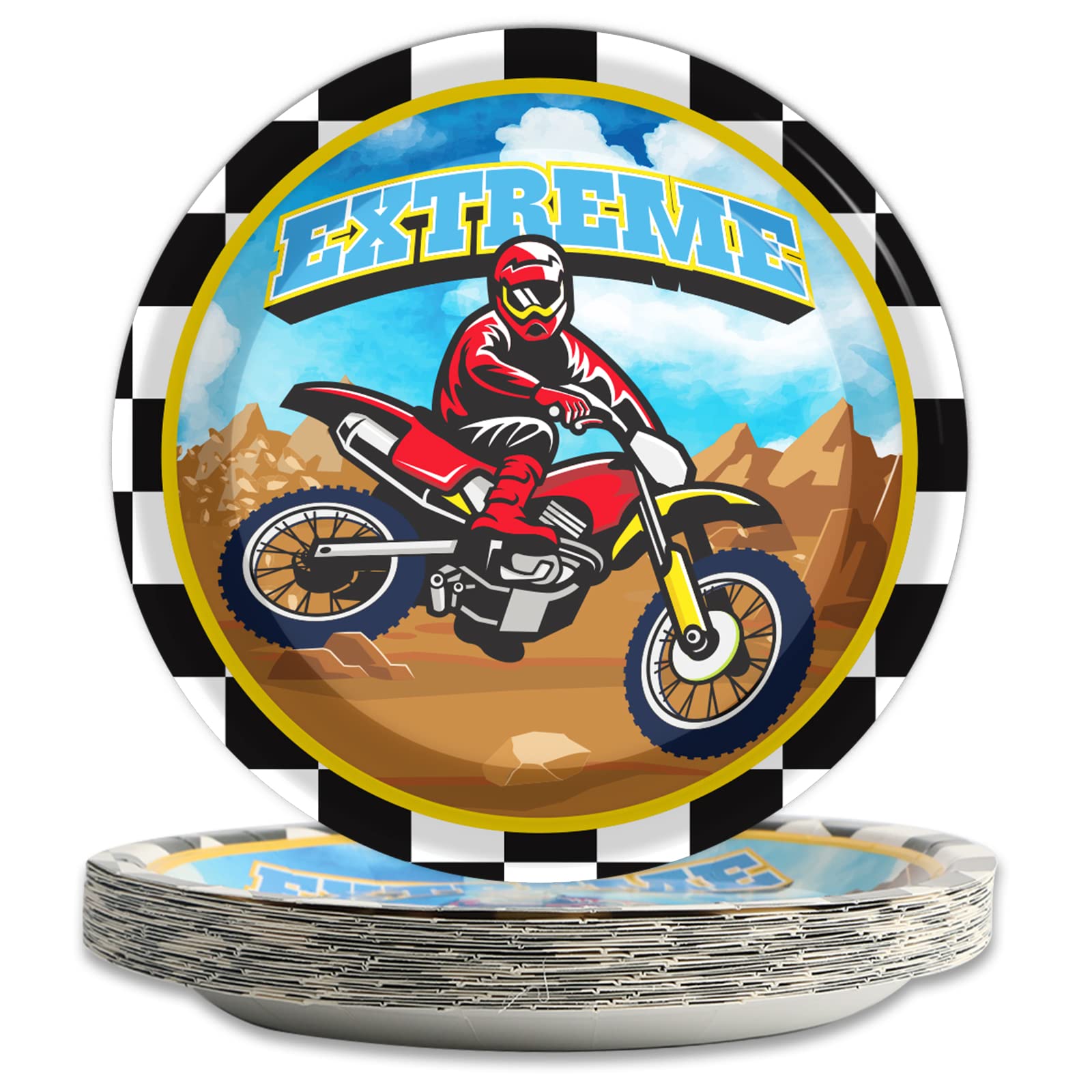 Gisgfim 24 Pcs Dirt Bike Paper Plates 7'' Disposable Dirt Bike Birthday Party Supplies Motorcycle Theme Dessert Plates Decoratio