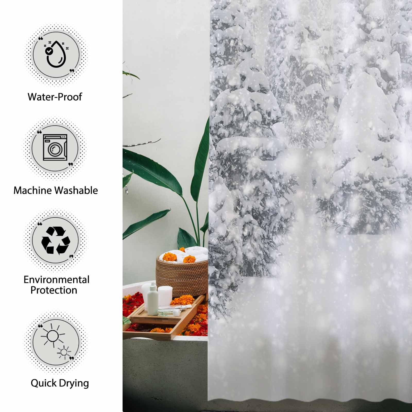 Allenjoy 72X72 Inch Christmas Shower Curtain Set Natural Winter Forest Snowflake Snowfall Bathroom Curtain Durable Waterproof Fa