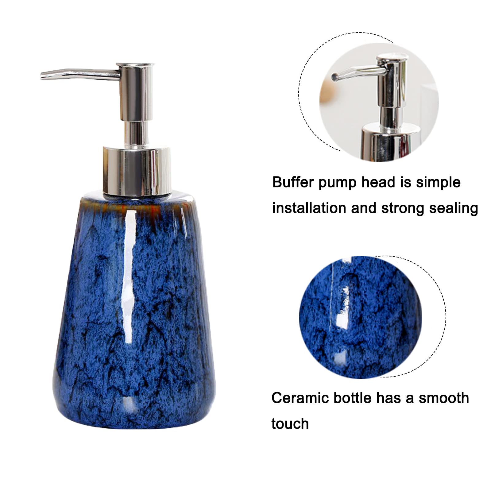 Handmade Lotion Dispenser Ceramic Hand Soap Dispenser Kiln Variable Glaze Dish Soap Dispenser For Bathroom Kitchen 10.1Oz (Blue)