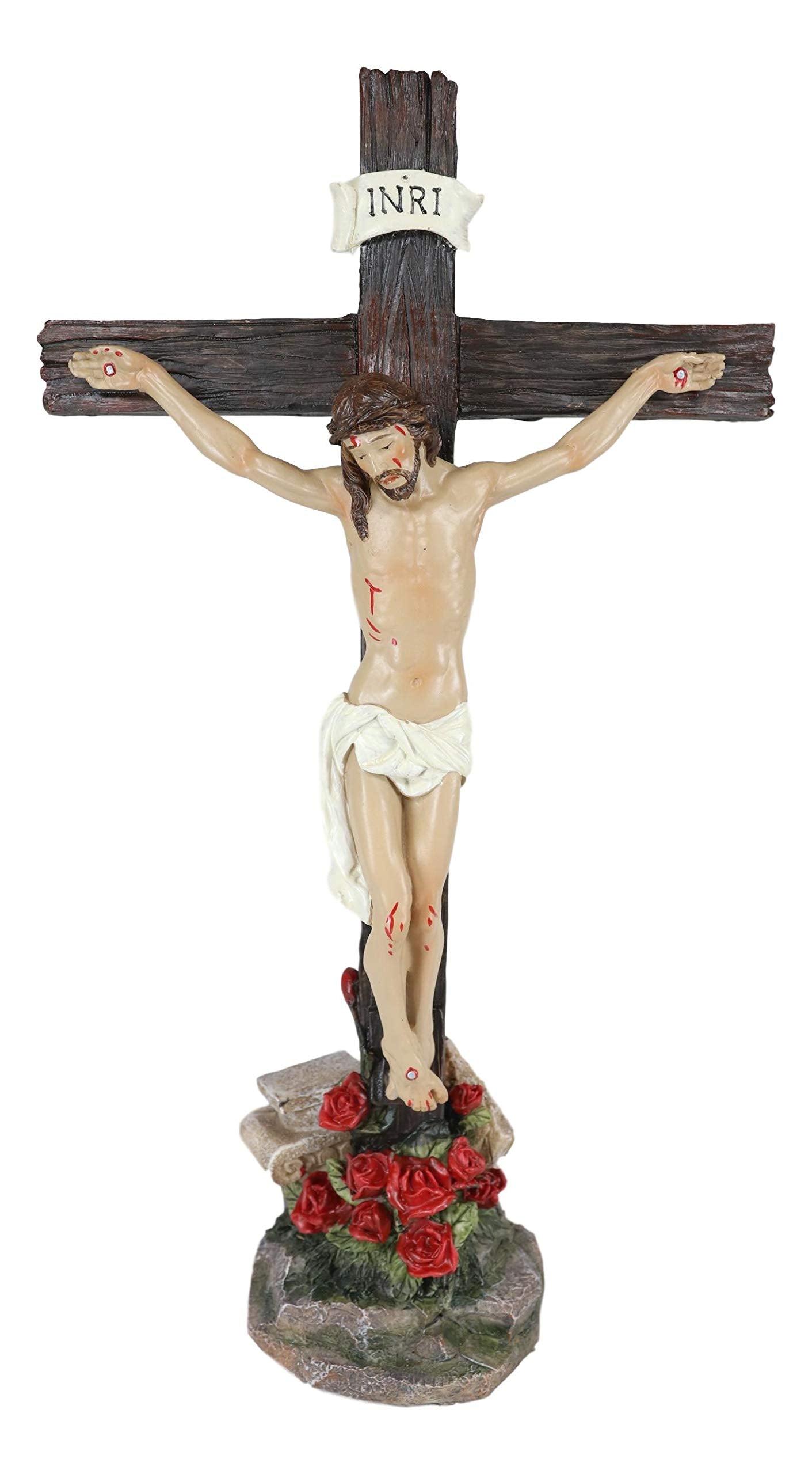 Ebros INRI Jesus Christ Crucified On The Cross With Solemn Rose of Sharon Base Decorative Crucifix Desktop Statue 15.25 Tall Chr