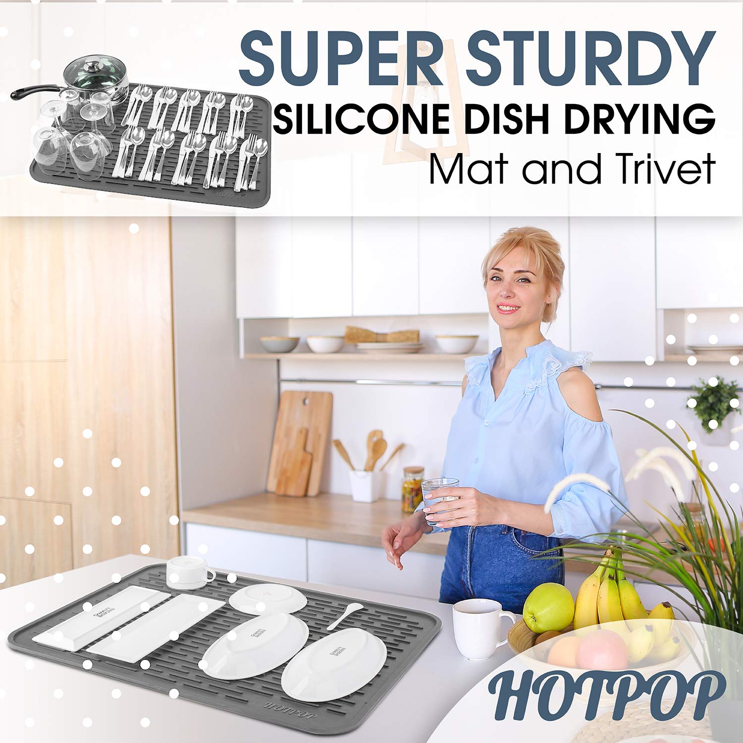 HOTPOP Large 18''x16'' Super Sturdy Silicone Dish Drying Mat & Trivet - Dishwasher Safe  Heat Resistant  Eco-Friendly  Large Drain Board for Dishes  18'' Rectangular Silicone Mat  Kitchen Safe (Grey)