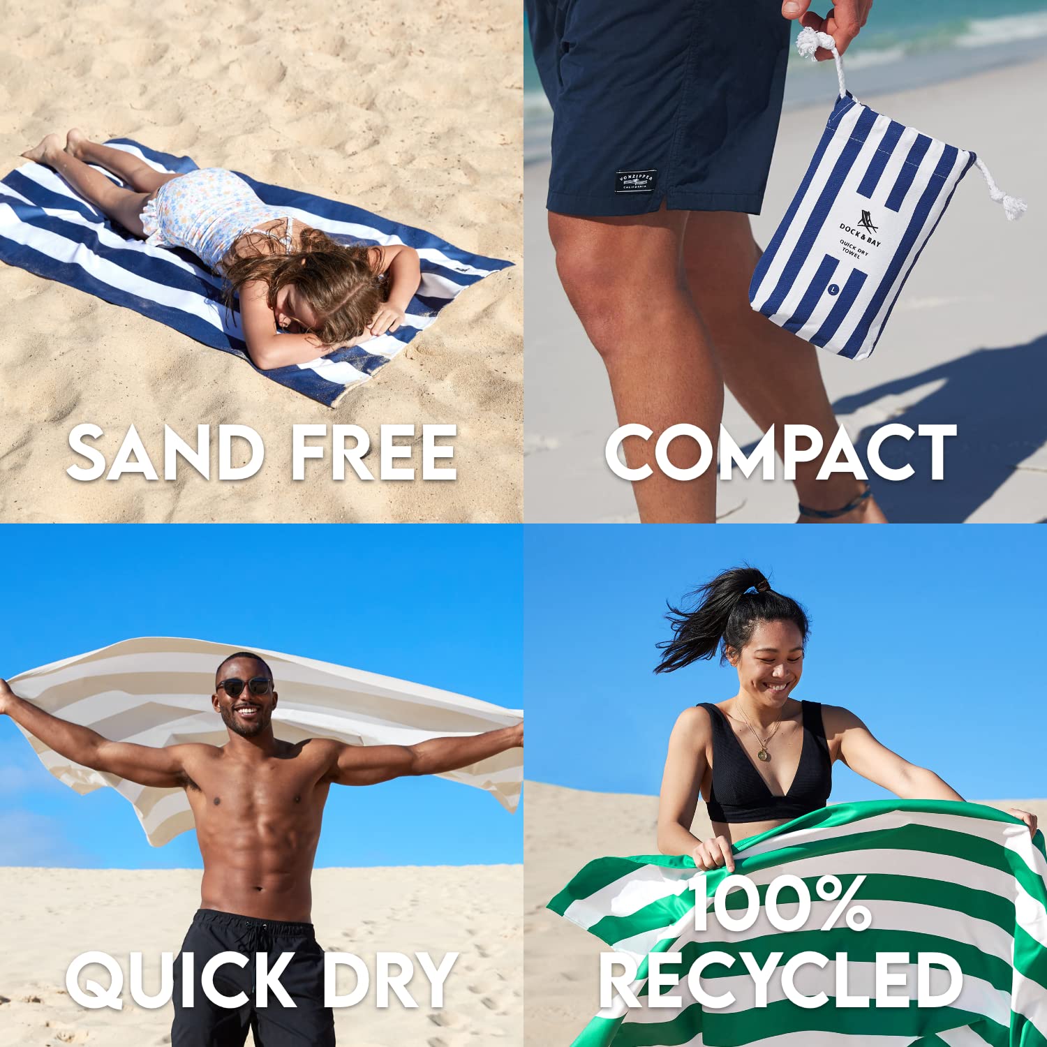 Dock & Bay Beach Towel - Quick Dry  Sand Free - compact  Lightweight - 100% Recycled - Includes Bag - cabana - cayman Khaki - Extra Large (200x90cm  78x35)