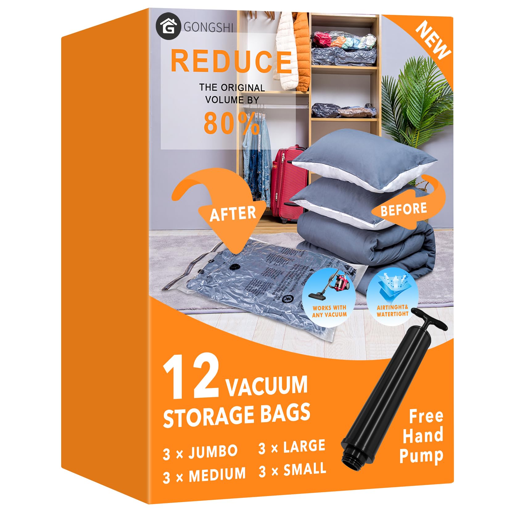 12 Pack Vacuum Storage Bags (3 X Jumbo, 3 X Large, 3 X Medium, 3 X Small), Space Saver Sealer Compression Bags With Travel Hand