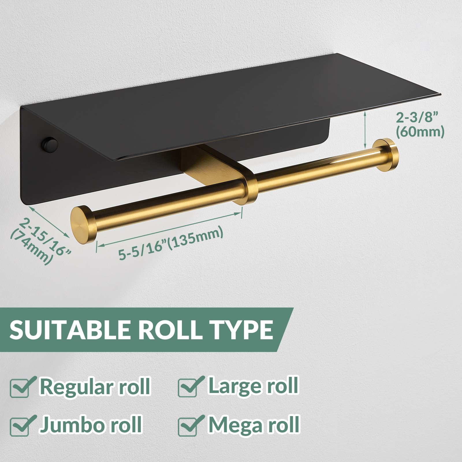 Aplusee Double Toilet Paper Holder With Phone Shelf Black & Gold, 304 Stainless Steel Tissue Paper Roll Storage Dispenser, Wall
