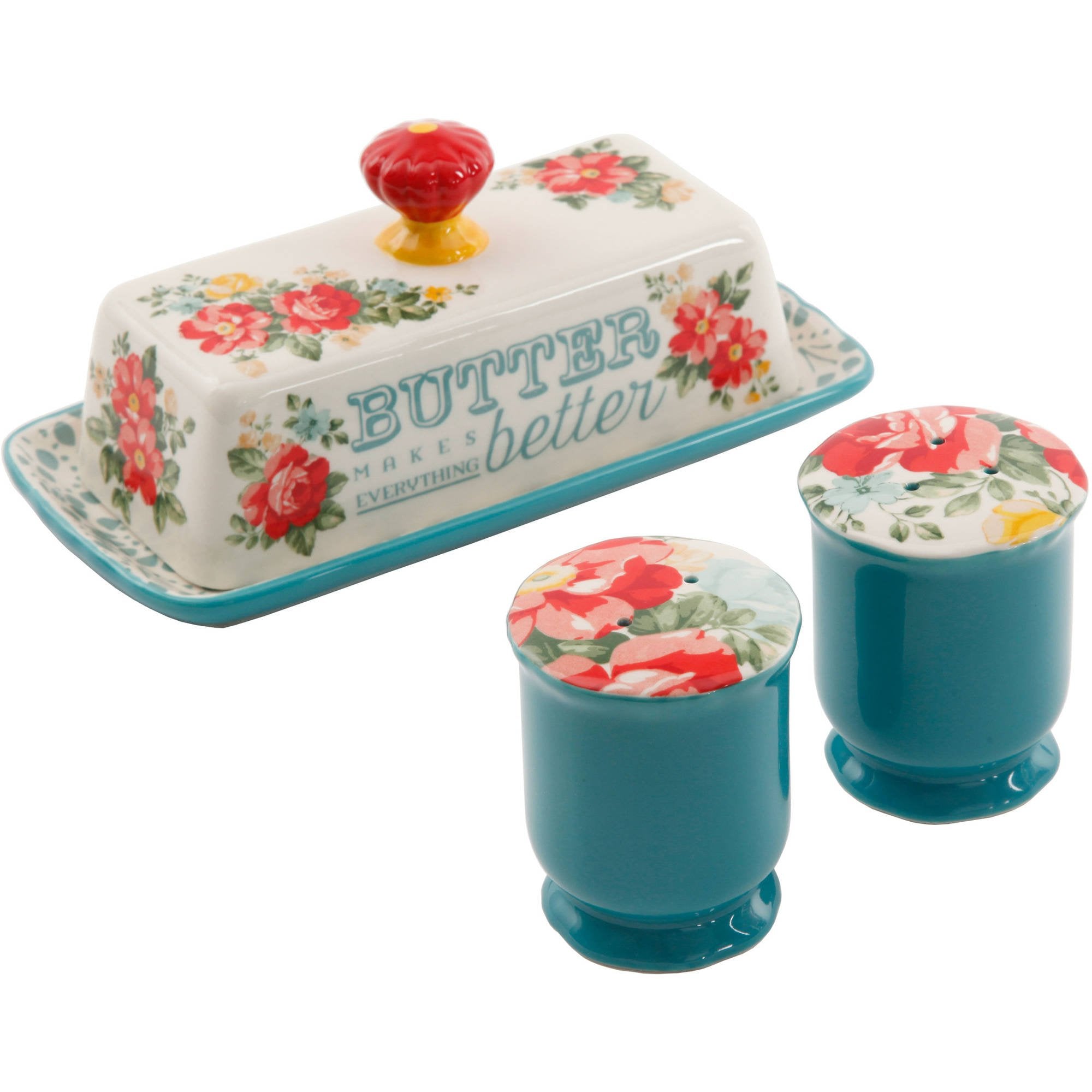 The Pioneer Woman Vintage Floral Salt And Pepper And Butter Dish Set
