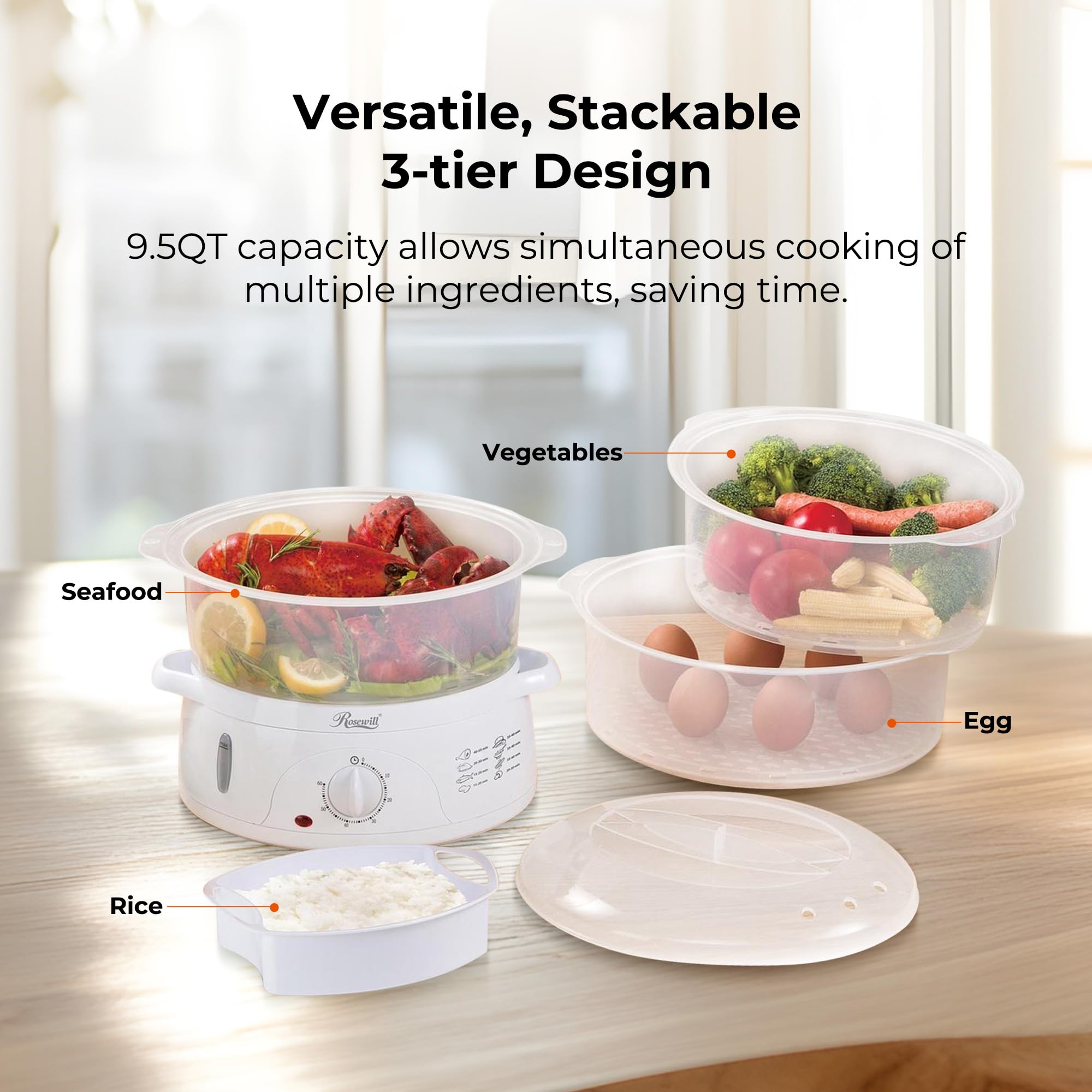 Rosewill Bpa-Free, 9.5-Quart (9L), 3-Tier Stackable Baskets Electric Steamer With Timer Food, 2.20X9.25X15.63