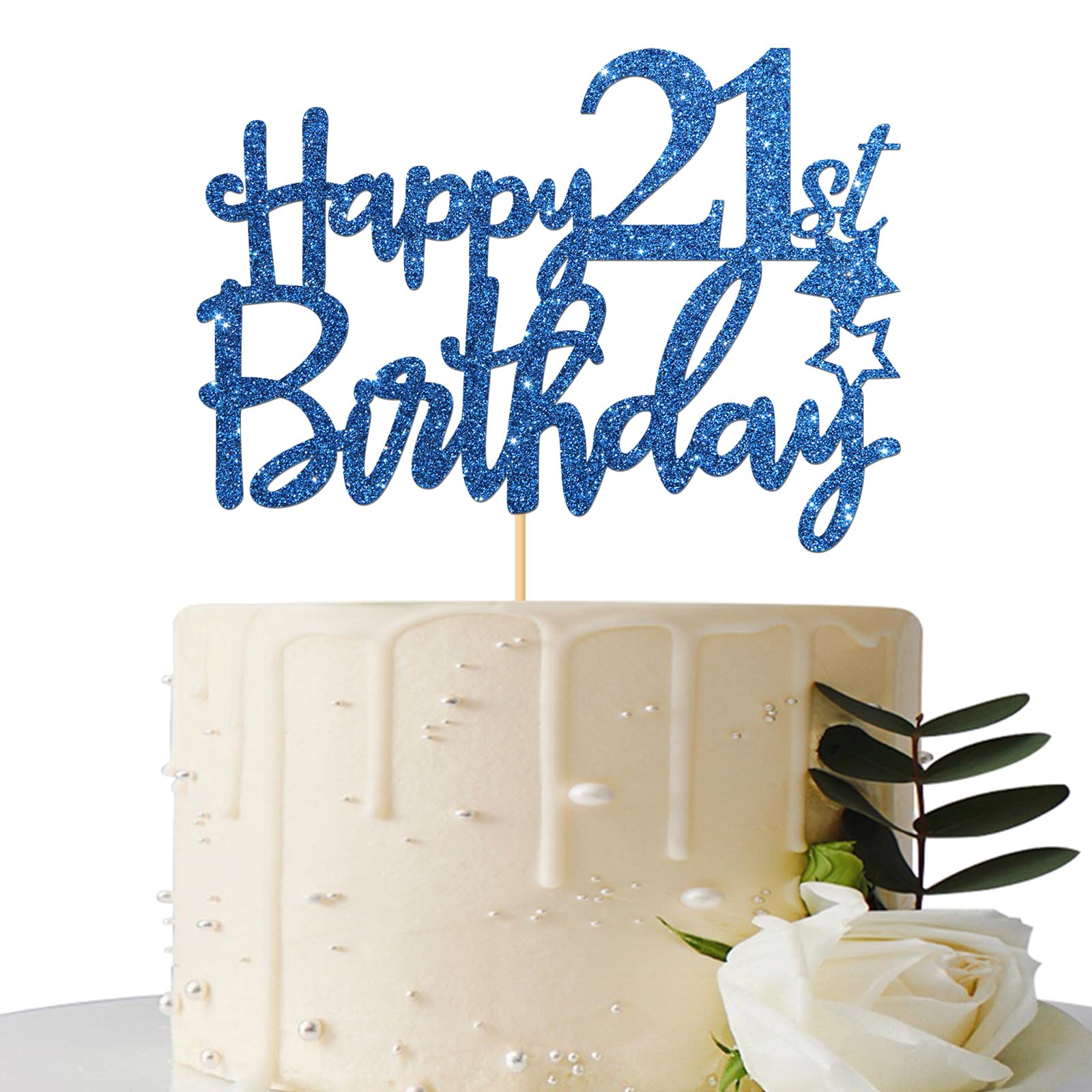 Royal Blue Glitter Happy 21St Birthday Cake Topper - 21 Sign Cake Topper - Cheers To 21 Years Party Supplies - 21St Birthday Par