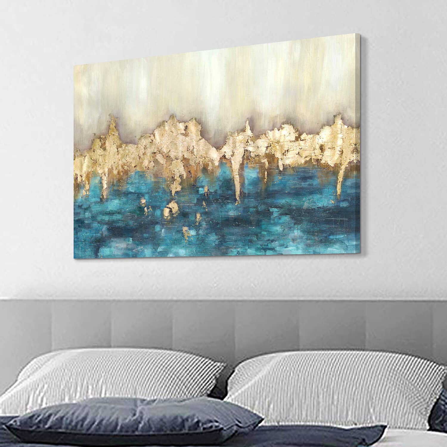 Hand Painted Canvas Wall Art: Large Dark Blue Gold Abstract Artwork Textured Painting For Living Room (45    X 30'' X 1 Panel)
