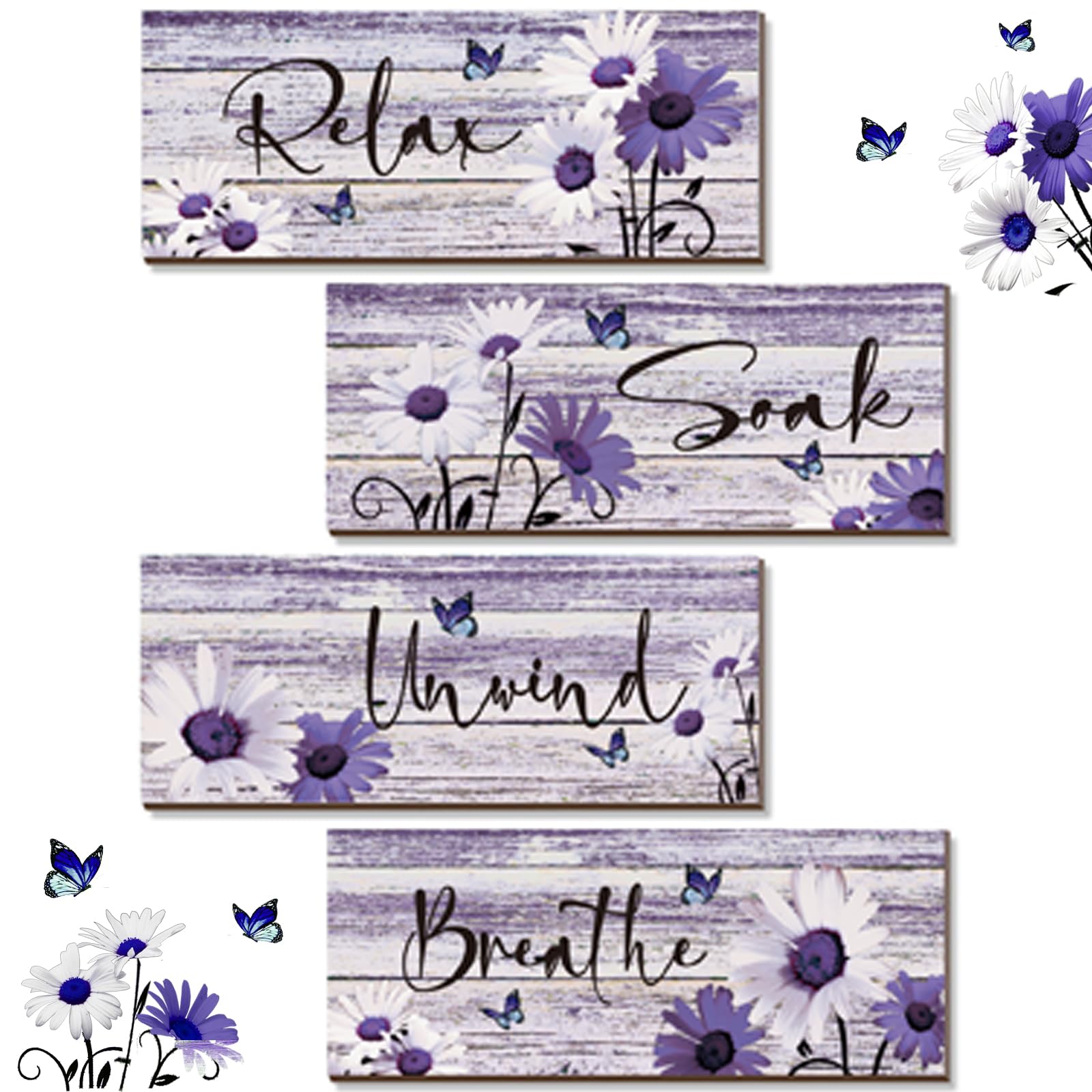 ZINYAZHE 4 Pcs Farmhouse Bathroom Wall Decor - Purple Daisy Floral Flowers and Butterfly Wall Art - Relax Soak Unwind Breathe Ru