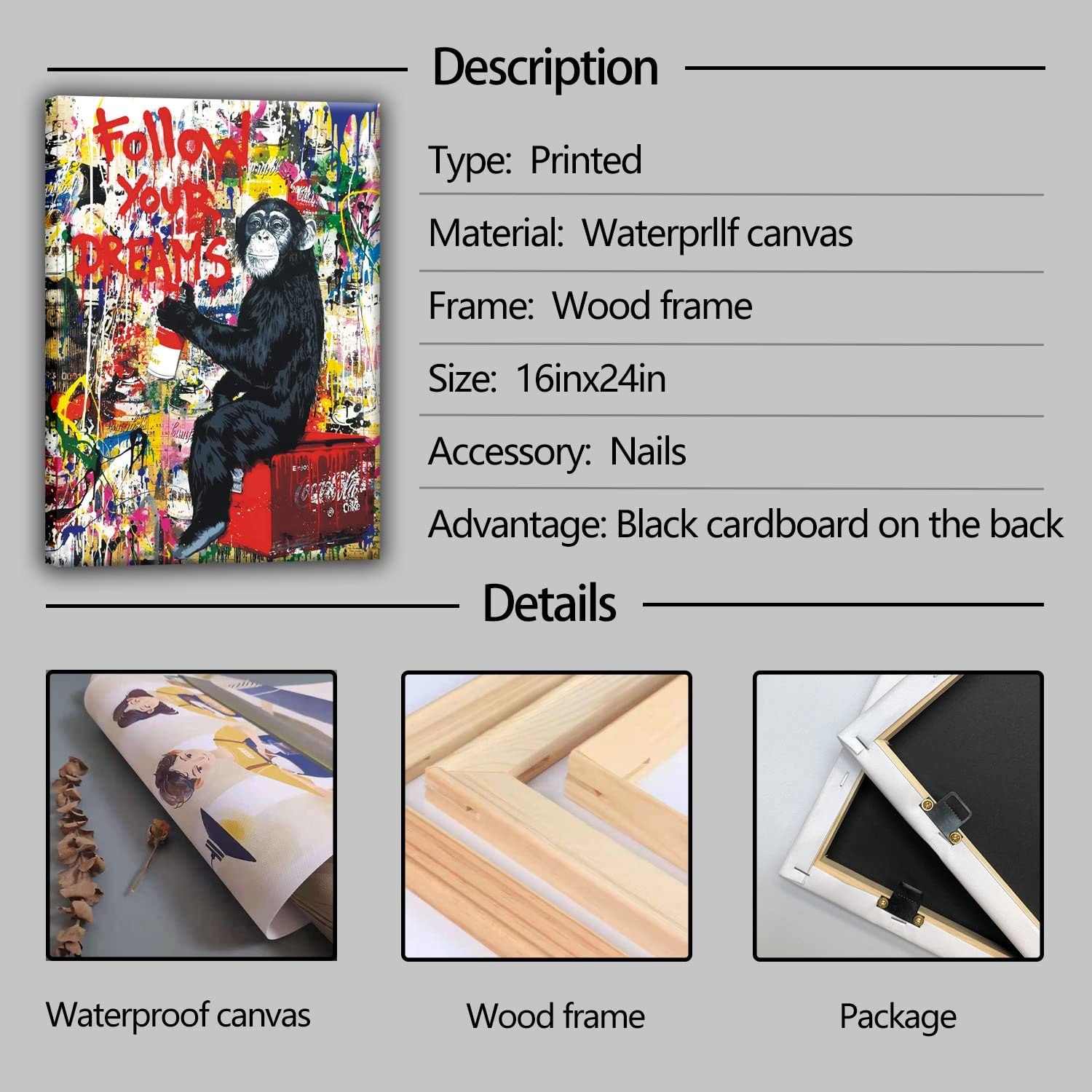 Banksy Street Graffiti Monkey Inspirational Quotes Animal Canvas Art For Living Room Office Wall Decor Home Decoration Framed Re