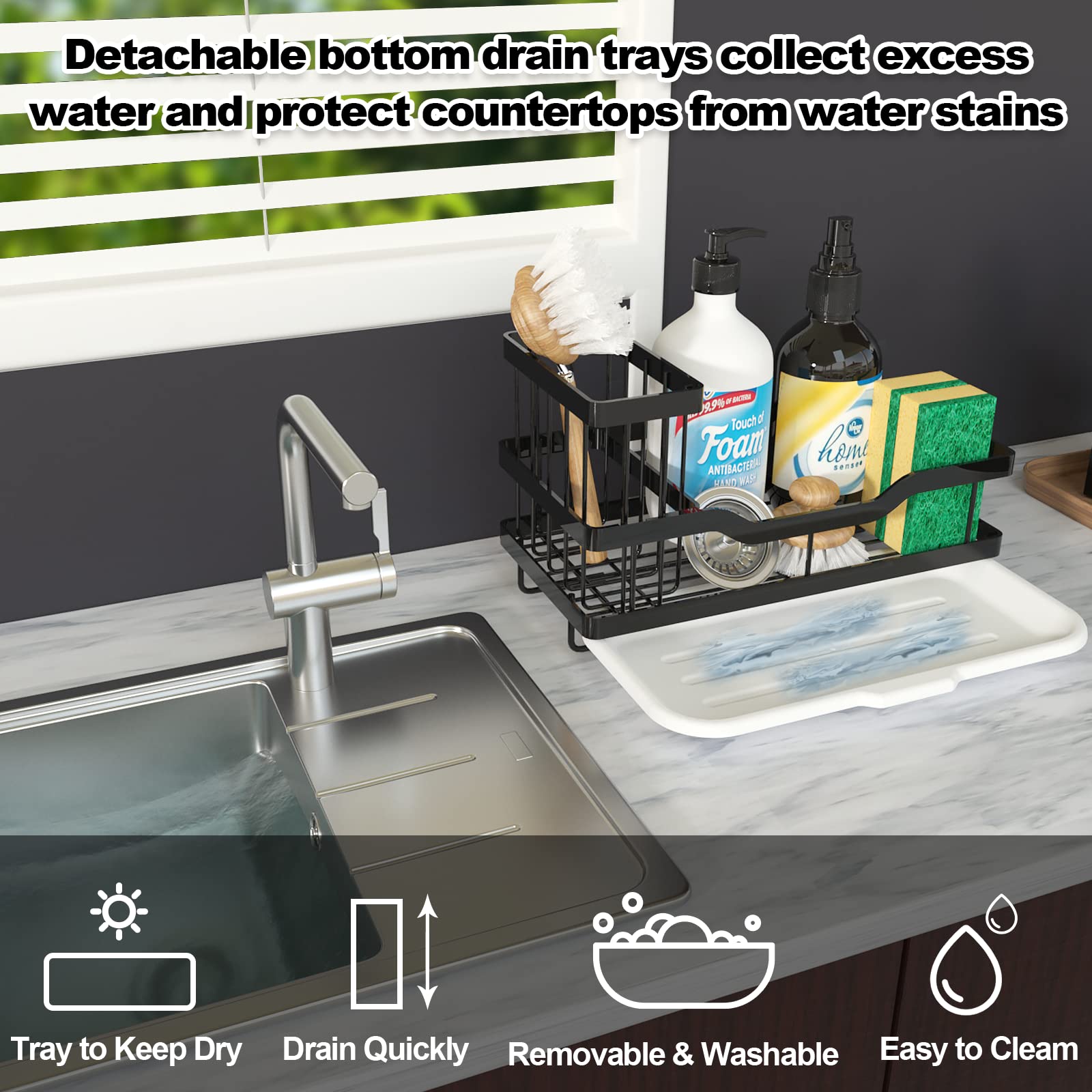 Fssvcd Multifunctional Sponge Holder For Kitchen Sink, Kitchen Sink Caddy Organizer With Detachable Brush Holder, 304 Stainless