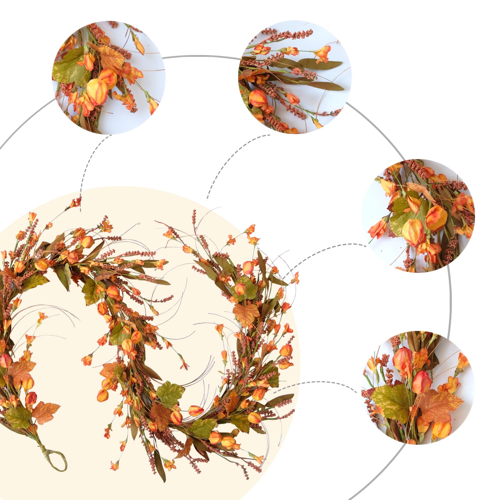 Fall Garland for Front Door, 82 Autumn Orange Maple Floral Wreath with Forsythia, Harvest Garland for Festival Thanksgiving Farm