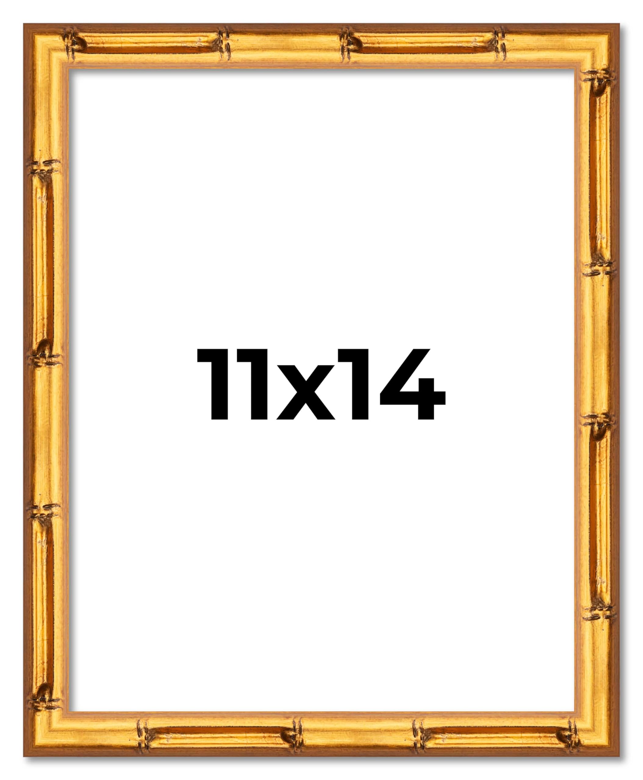 Poster Palooza 11x14 Frame Gold Bamboo Vintage Solid Pine Wood Picture Frame | 0.75 Inch Moulding Width | UV Acrylic, Foam Board
