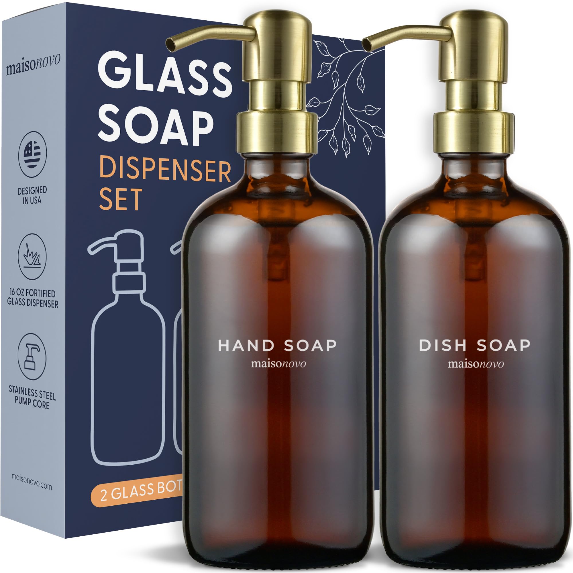 Maisonovo Hand And Dish Soap Dispenser Set | 16.9 Fl Oz Amber Glass Gold Pump X 2