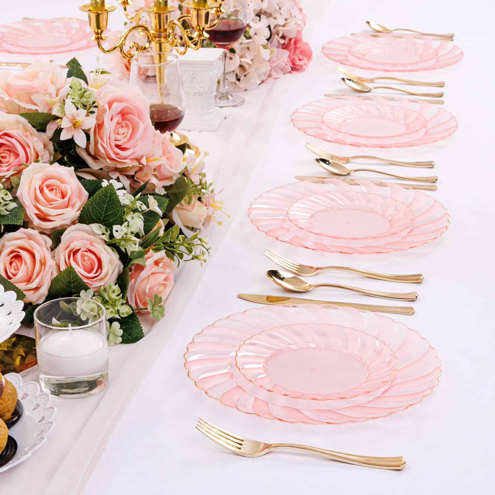 Youbet 125Pieces Clear Pink Plastic Plates With Gold Rim-Gold Plastic Silverware Include 25 Dinner Plates 25 Dessert Plates 75 G