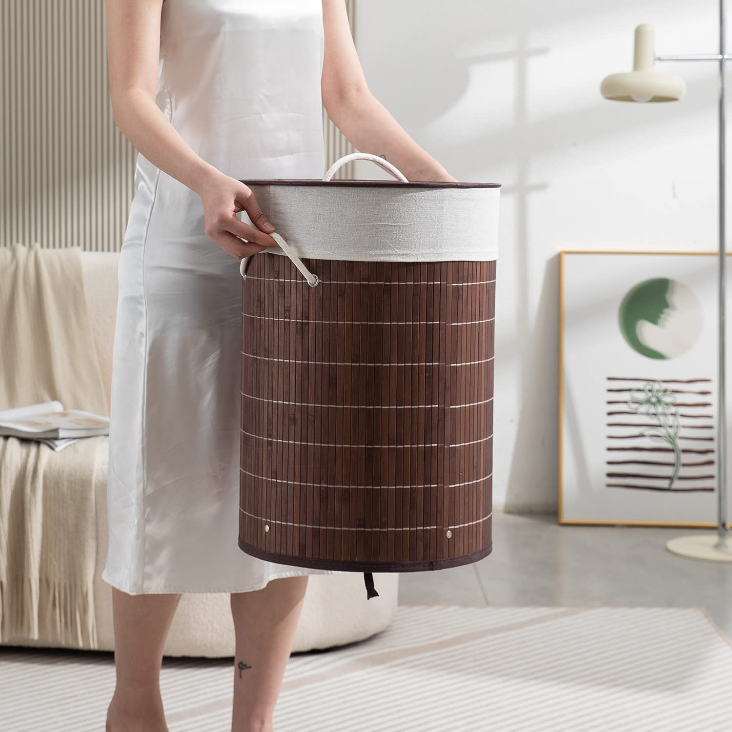 Homestorie Eco-Friendly Foldable Bamboo Laundry Basket Hamper With Lid, Large - 57 Liter (Coffee Brown)