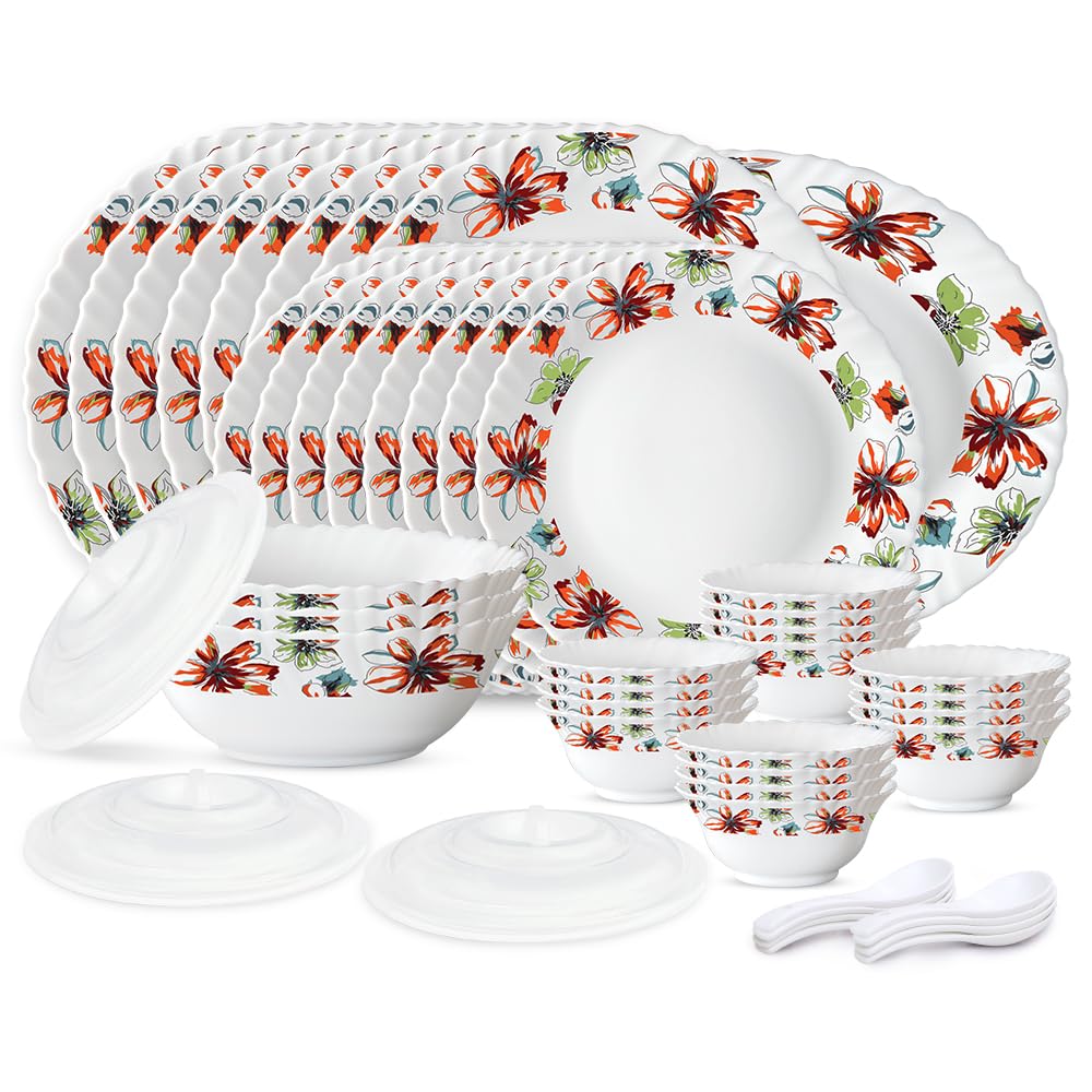 Larah By Borosil Silk Series Bali Opalware Dinner Set | 47 Pieces For Family Of 8 | Microwave & Dishwasher Safe | BoneAsh Free 