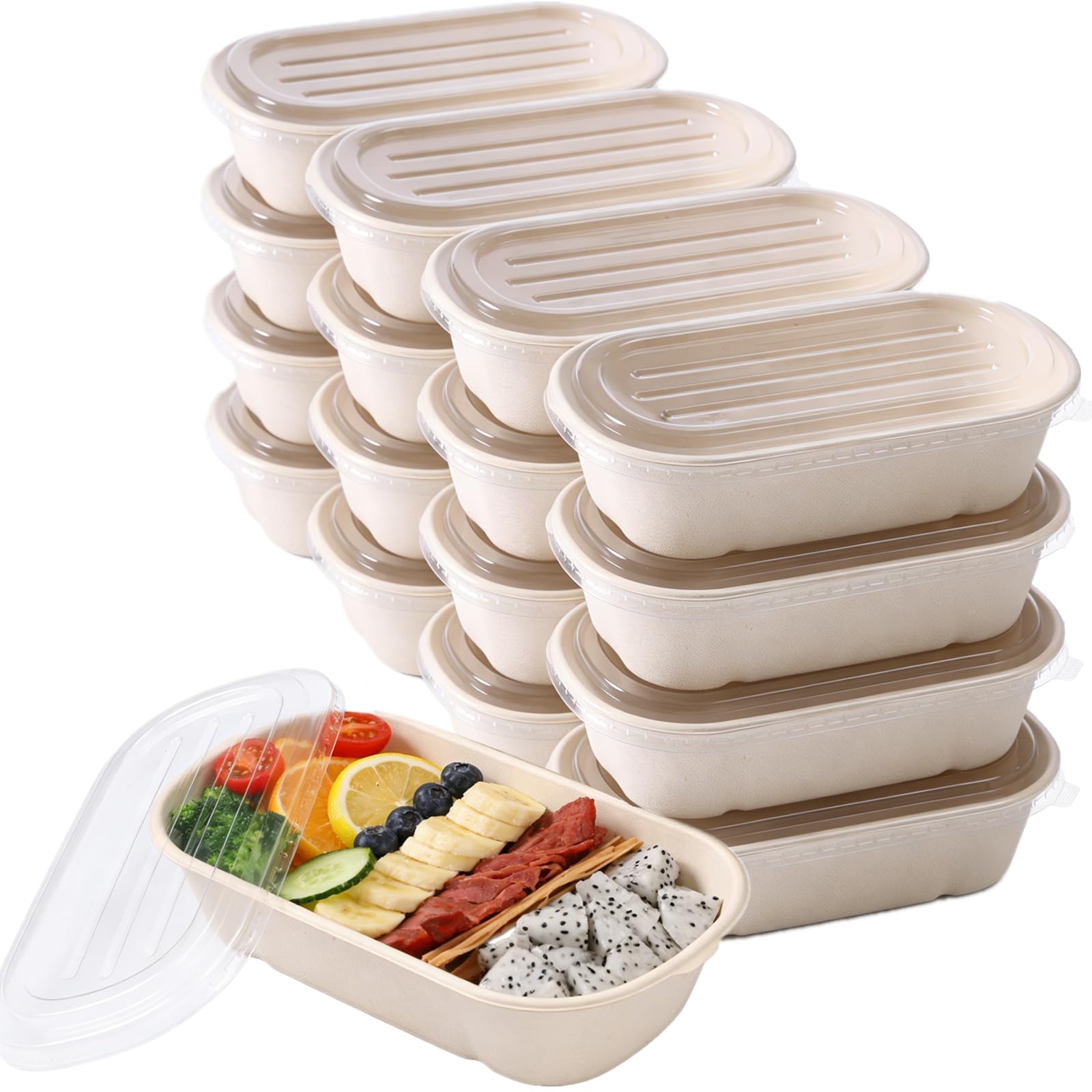 NROZIET 50 Pack Disposable Meal Prep Containers, 23oz Take Out Food Containers with Lid, Microwave Safe Bagasse To Go Paper Bowl