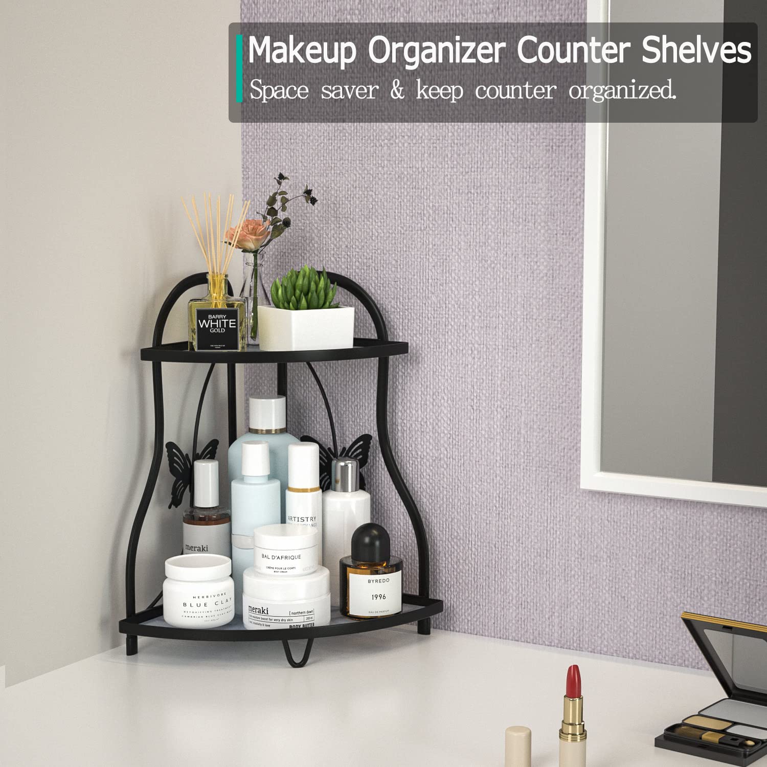 Tamomic Corner Bathroom Sink Organizer Countertop Shelf, Kitchen Corner Spice Rack Organizer Counter Storage,Black