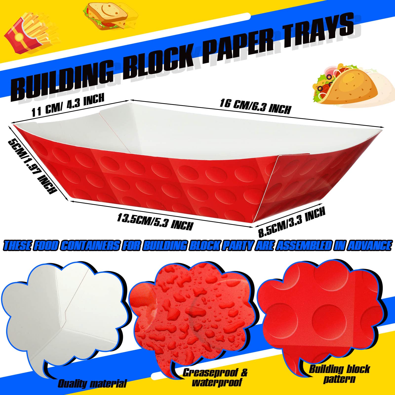 Ctosree 60 Pcs Building Block Favor Paper Food Trays Large Brick Theme Party Disposable Serving Tray Food Boats Nacho Trays Hot