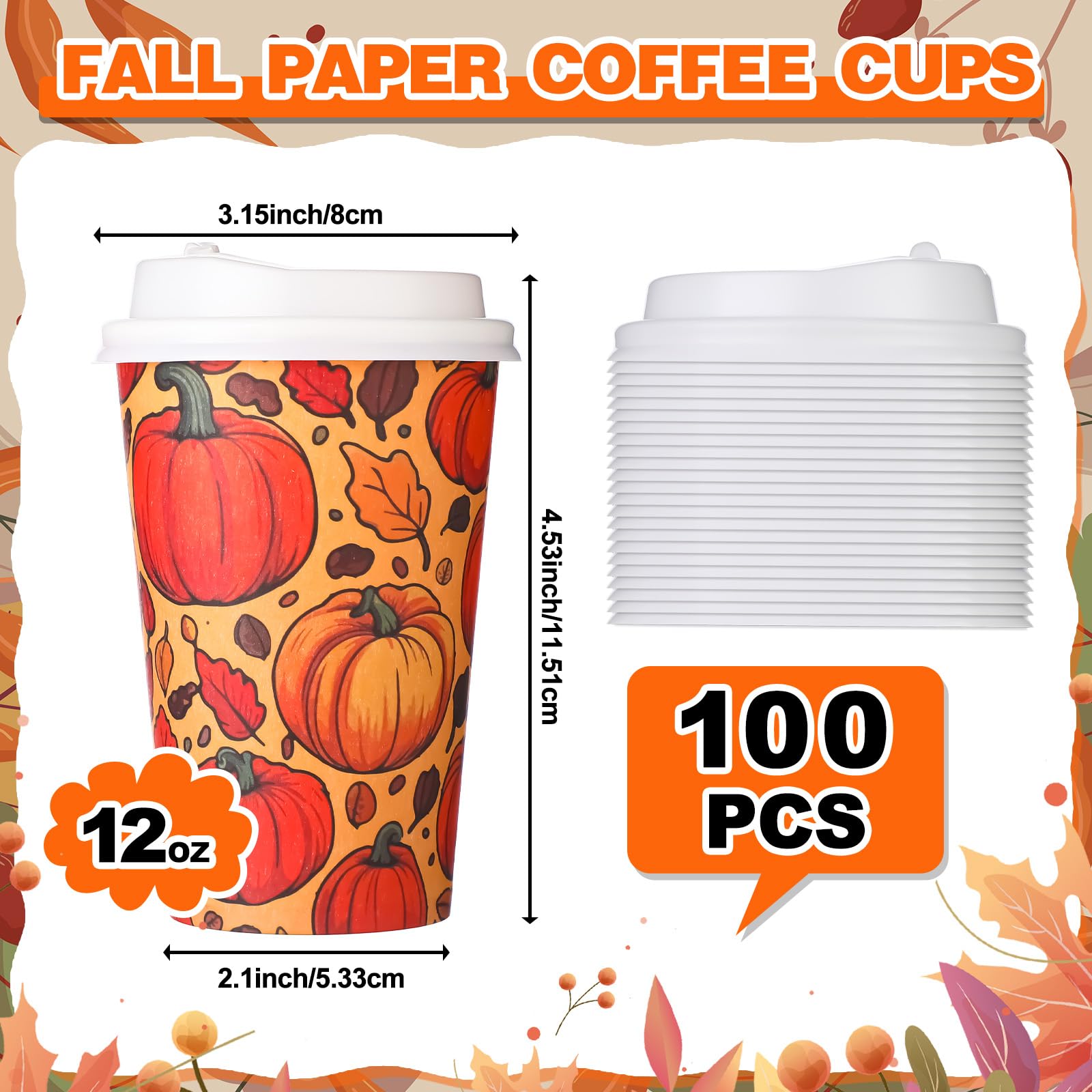 SiliFine 100 Pcs 12 oz Fall Pumpkin Paper Coffee Cups with Lids, Thanksgiving Disposable Maple Leaves Beverage Drinking Cups Fal