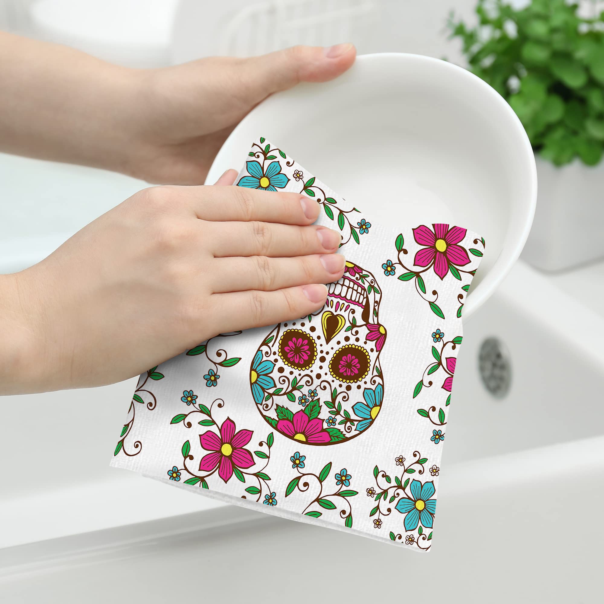 Mexican Skull Cute Floral Kitchen Dish Towels Set Of 2, 16''X 24'' Cotton Absorbent Drying Cloth, Day Of The Dead Kitchen Towels