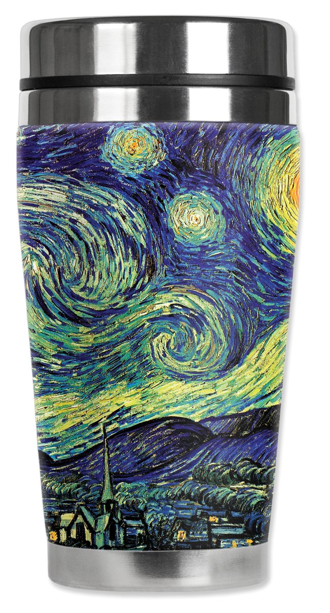 Mugzie Van Gogh Starry Night Travel Mug With Insulated Wetsuit Cover, 16 Oz, Black