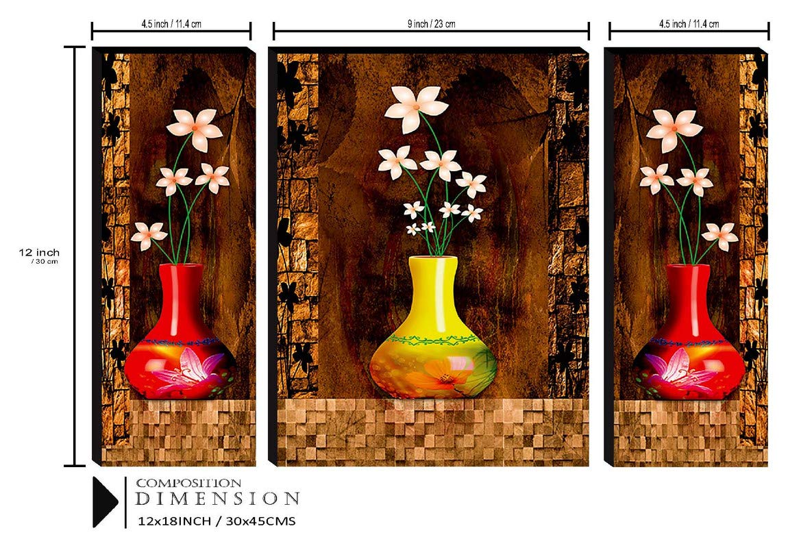 Saf Set Of 3 Preety Flower Pot Uv Textured Self Adeshive Home Decorative Gift Item Painting 18 Inch X 12 Inch Saf-Jm4951(Color2,