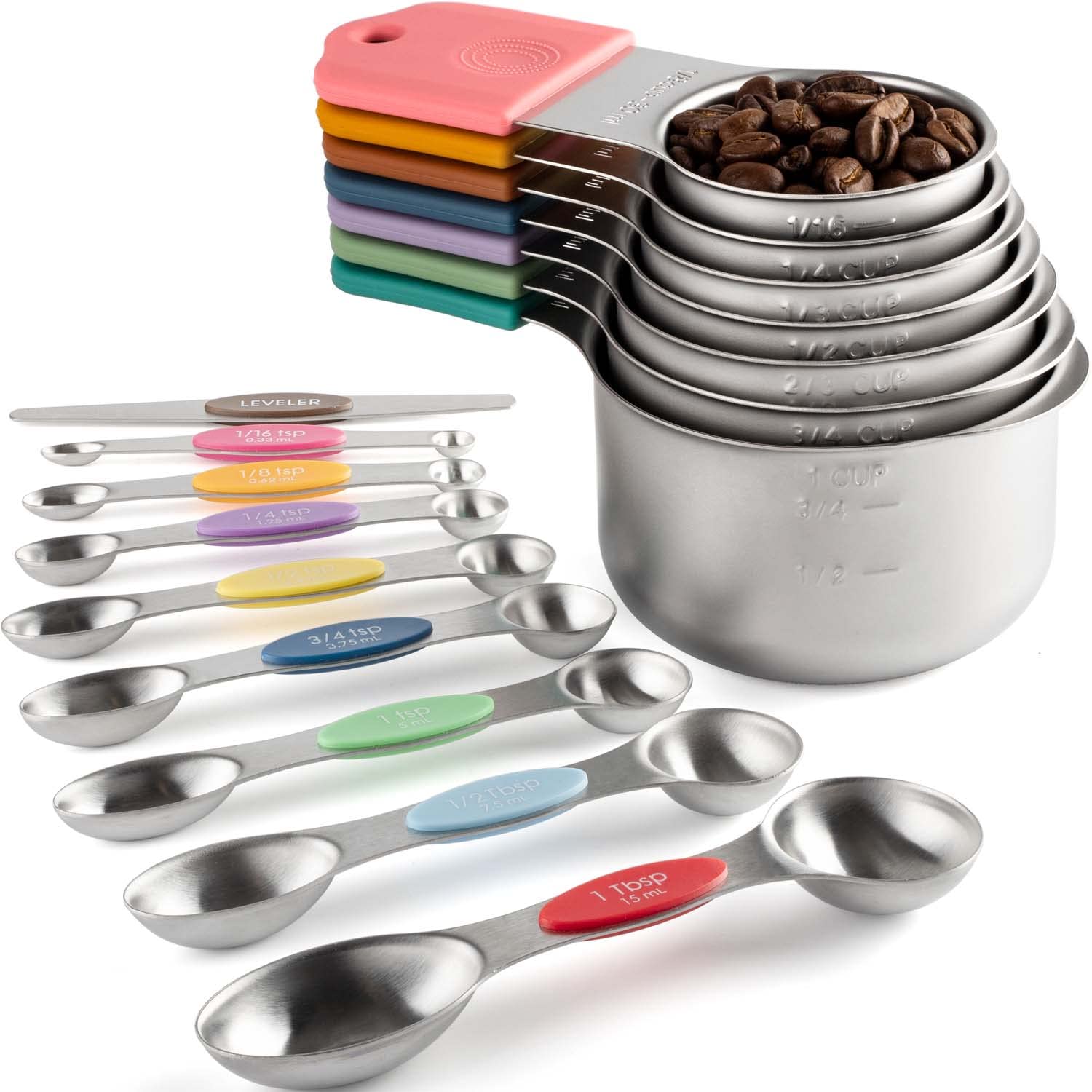 Magnetic Measuring Cups And Spoons Set Including 7 Stainless Steel Heavy Duty Measuring Cup 8 Double Sided Measuring Spoons With