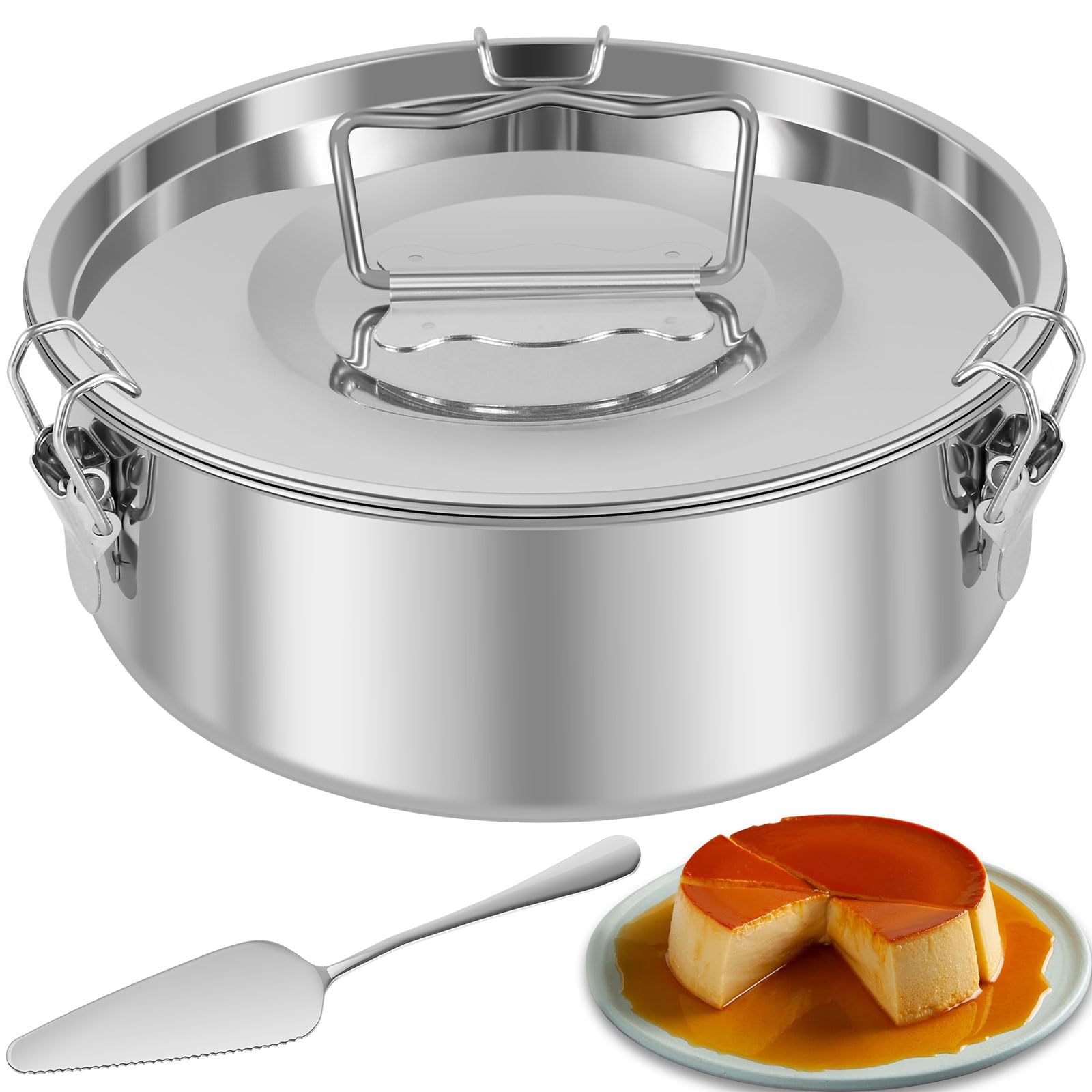 HJJWNDDNG Stainless Steel Flan Pan 1.5QT Capacity Flan Mold with Lid and Spatula, Round Flan Containers for 68QT, Flan Cake Bak