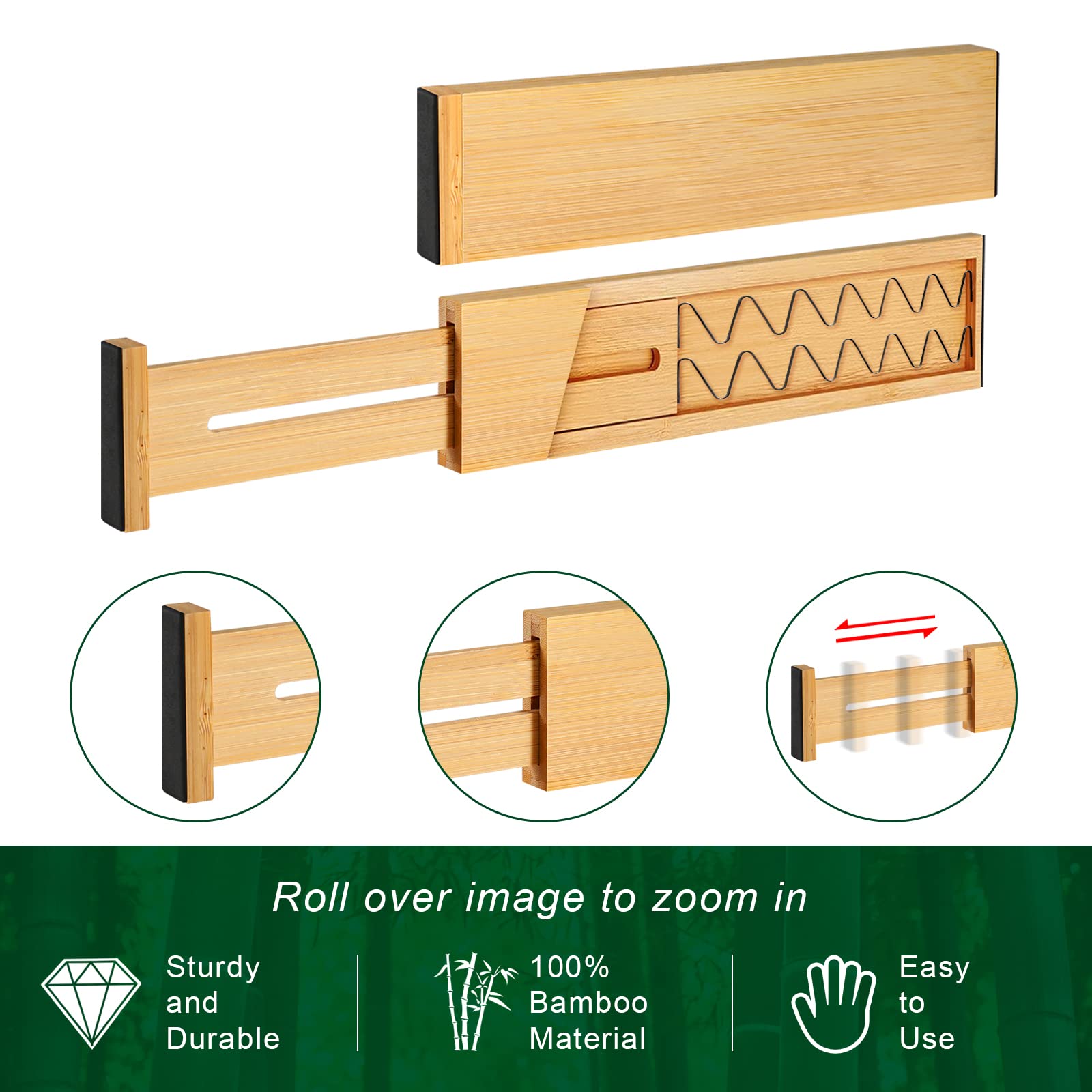 4 Pack Bamboo Drawer Dividers, Adjustable Length from 12 Inch to 17 Inch, Expandable Kitchen Drawer Organizer, Drawer Organizati