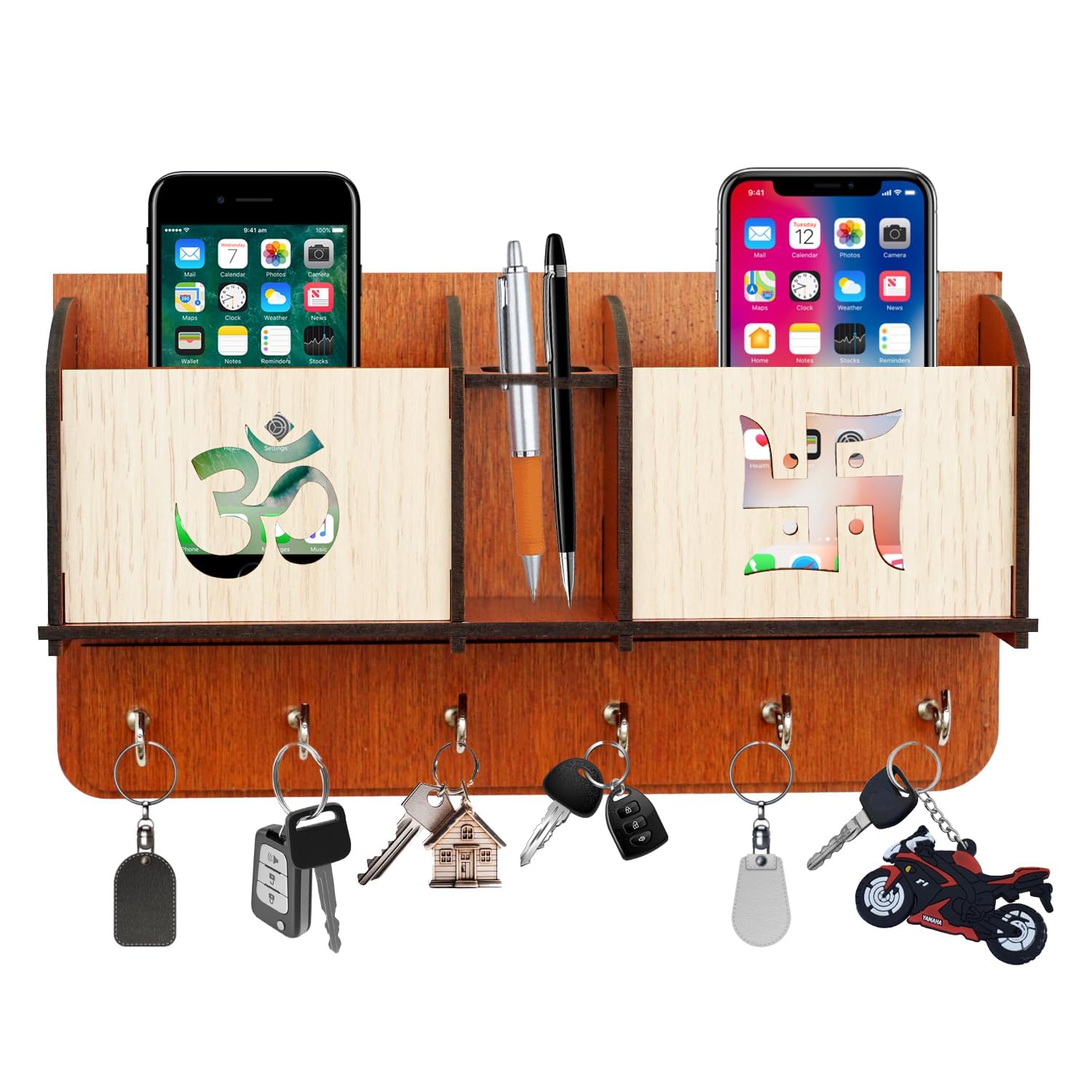KALMANJUH Key Holder for Home Decor Stylish | Key Hangers for Wall | Wooden Key Stand for Wall (6 Hooks, MDF Brown)