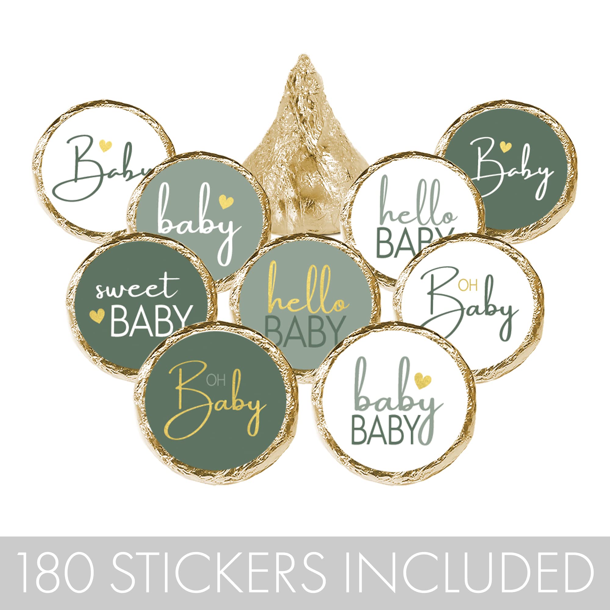 Green And Gold Baby Shower Party Favor Kisses Candy Stickers - Sweet Baby Party Favors - 180 Labels