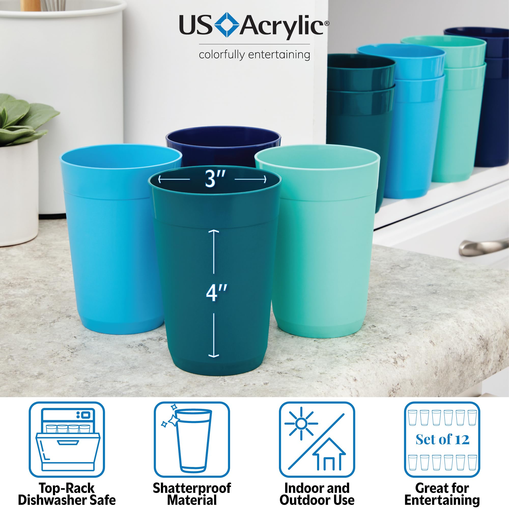 Us Acrylic Newport 10 Ounce Unbreakable Plastic Stackable Juice Tumblers In Coastal Colors | Set Of 12 Drinking Cups | Reusable,