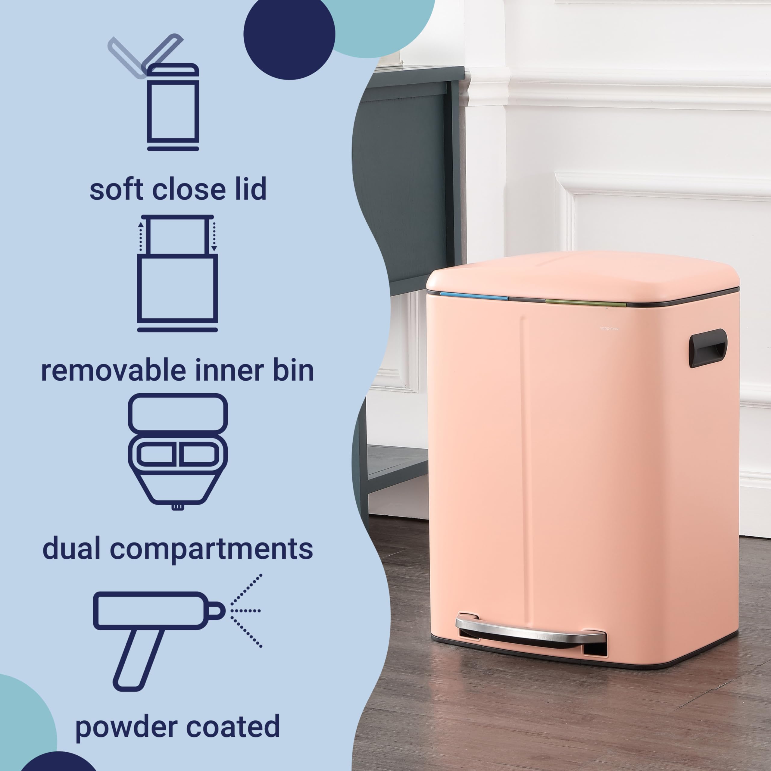Happimess Hpm1005G Marco Rectangular 10.6-Gallon Double Bucket Trash Can With Soft-Close Lid, Flamingo Pink, Fingerprint Resista