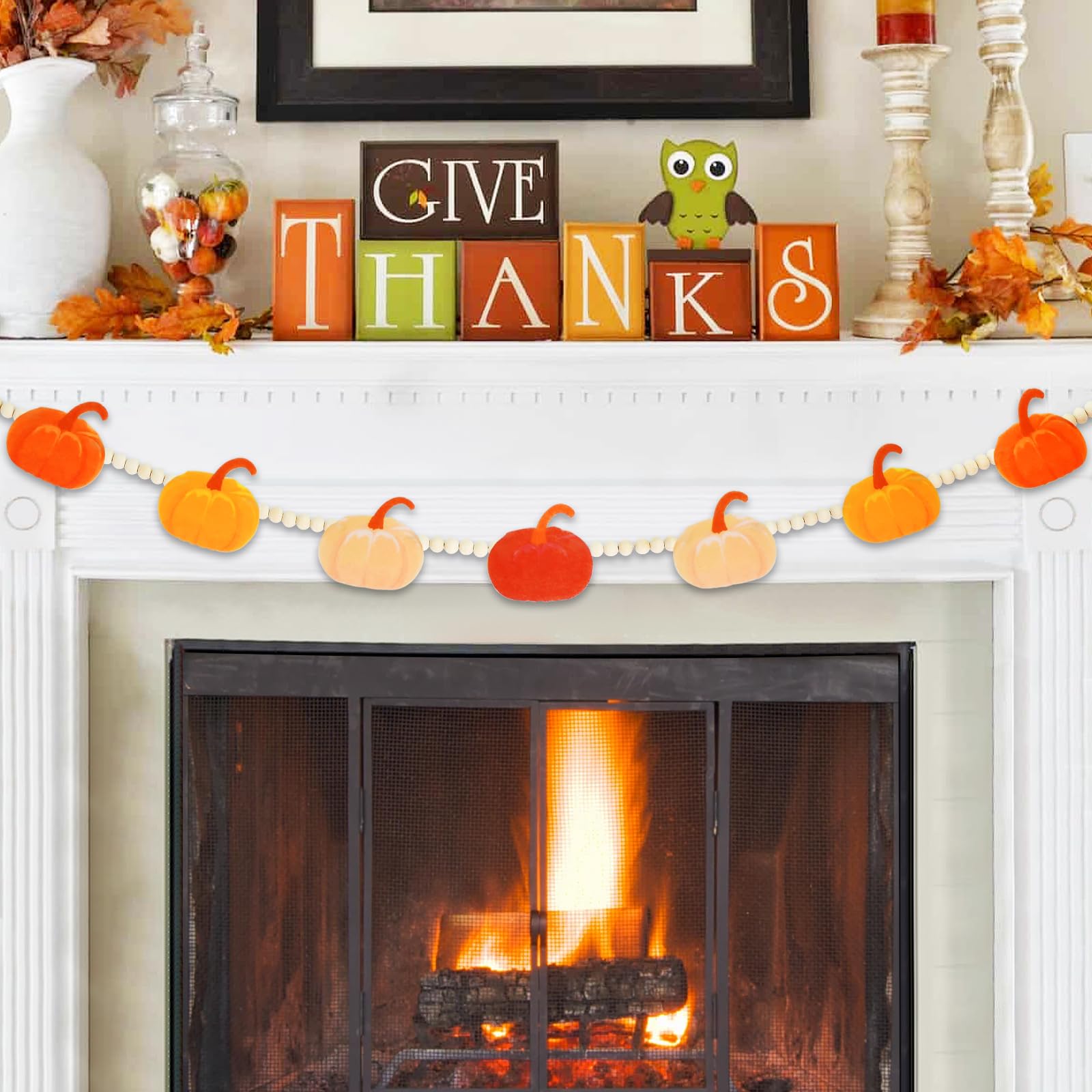 4.2 Ft Thanksgiving Day Wooden Beads Garland With Pumpkin Charms, Orange Autumn Theme Beaded Decor With Felt Pumpkin, Rustic Hal