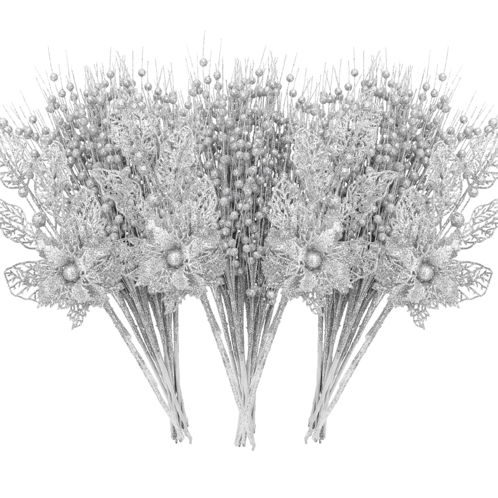ROSELEAF 28 Pack Christmas Tree Ornaments, Artificial Glitter Berry and Flowers Stem Silver Branches Picks for Xmas Tree Decorat