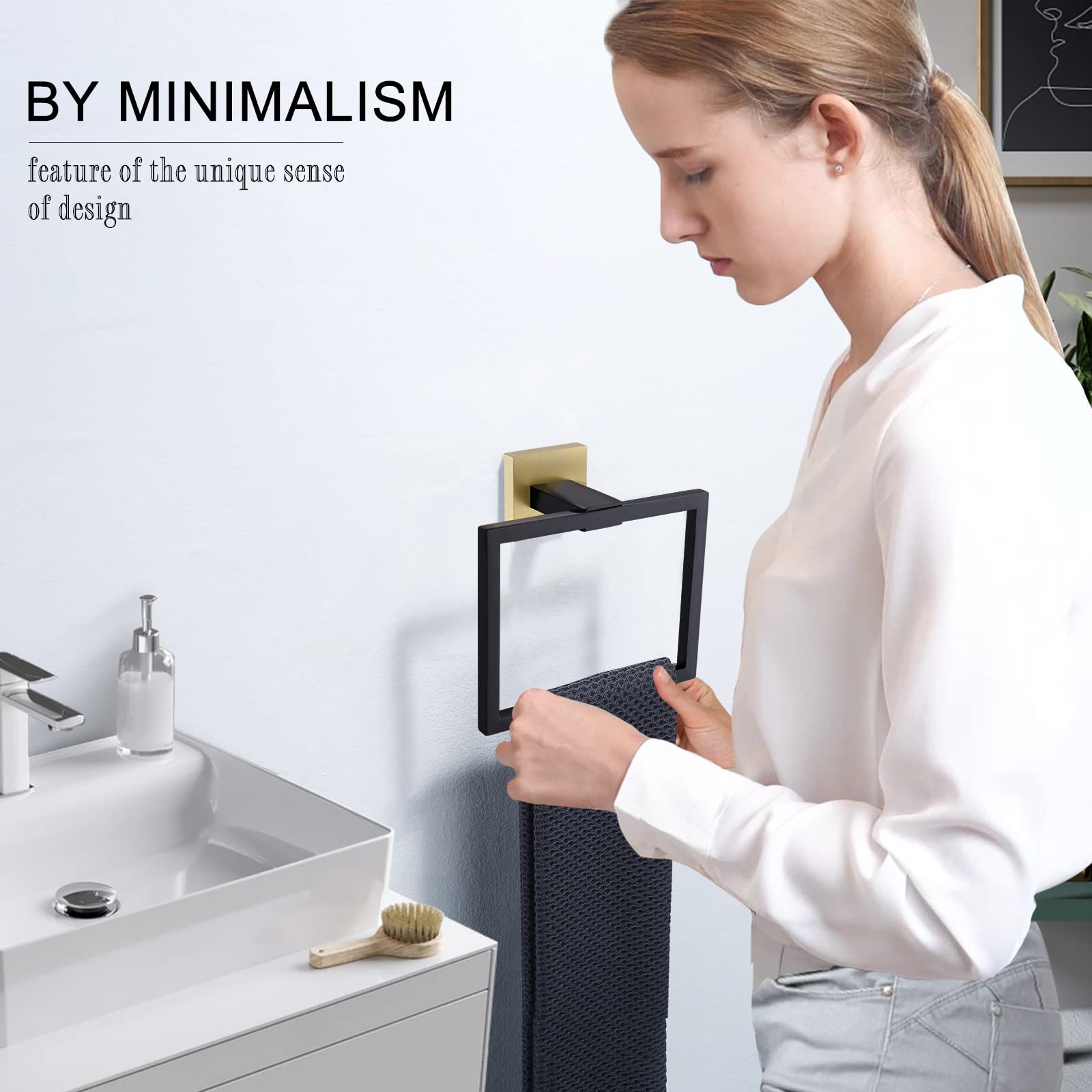 Tqkag Black And Gold Towel Ring Bathroom Hand Towel Holder Stainless Steel Square Towel Bar Hangers Wall Mounted