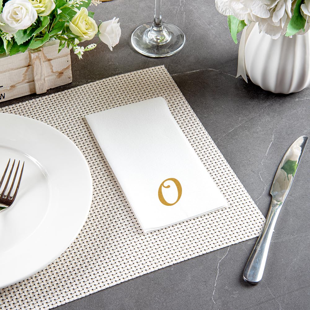 Luxenap 15.8 X 7.9 Inch Linen-Feel Guest Towels, 2000 Lettered Hand Towels - Gold Letter 'O', Cursive Font, White Paper Dinner N