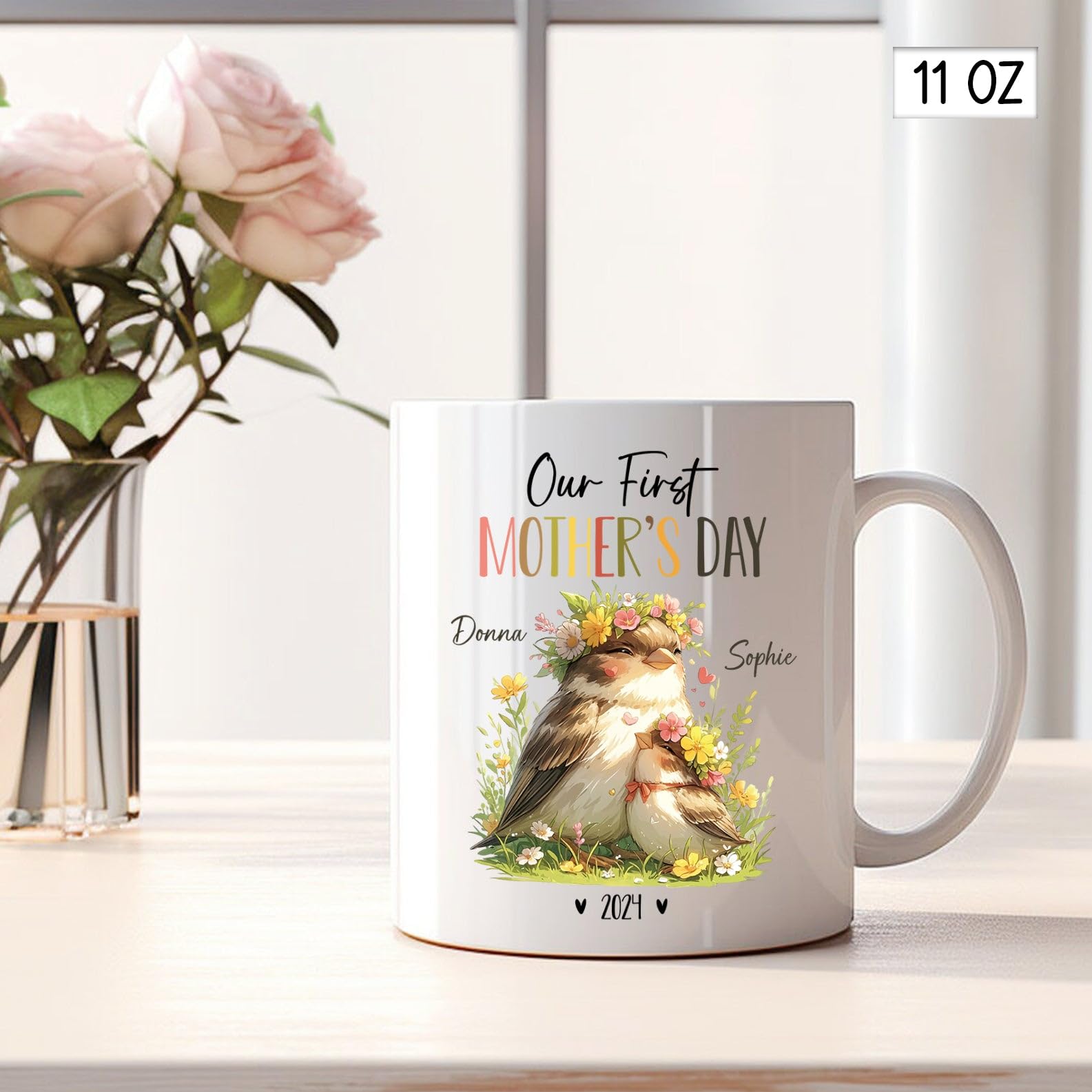 Mom And Baby Sparrow Mugs, Custom Mummy & Baby Sparrow Coffee Cup, Animal Ceramic Mug For New Mom Newborn, Personalized Our Firs