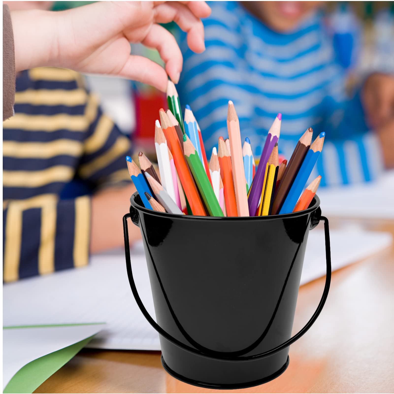 TAKMA Metal Buckets with Handle - 6 Pack 6 Inch Black Iron Pail  Easter Bucket Pencil Holder and Flower Pots Craft Supply Holders for Events School Storage and Party. (Black  6'' Top)